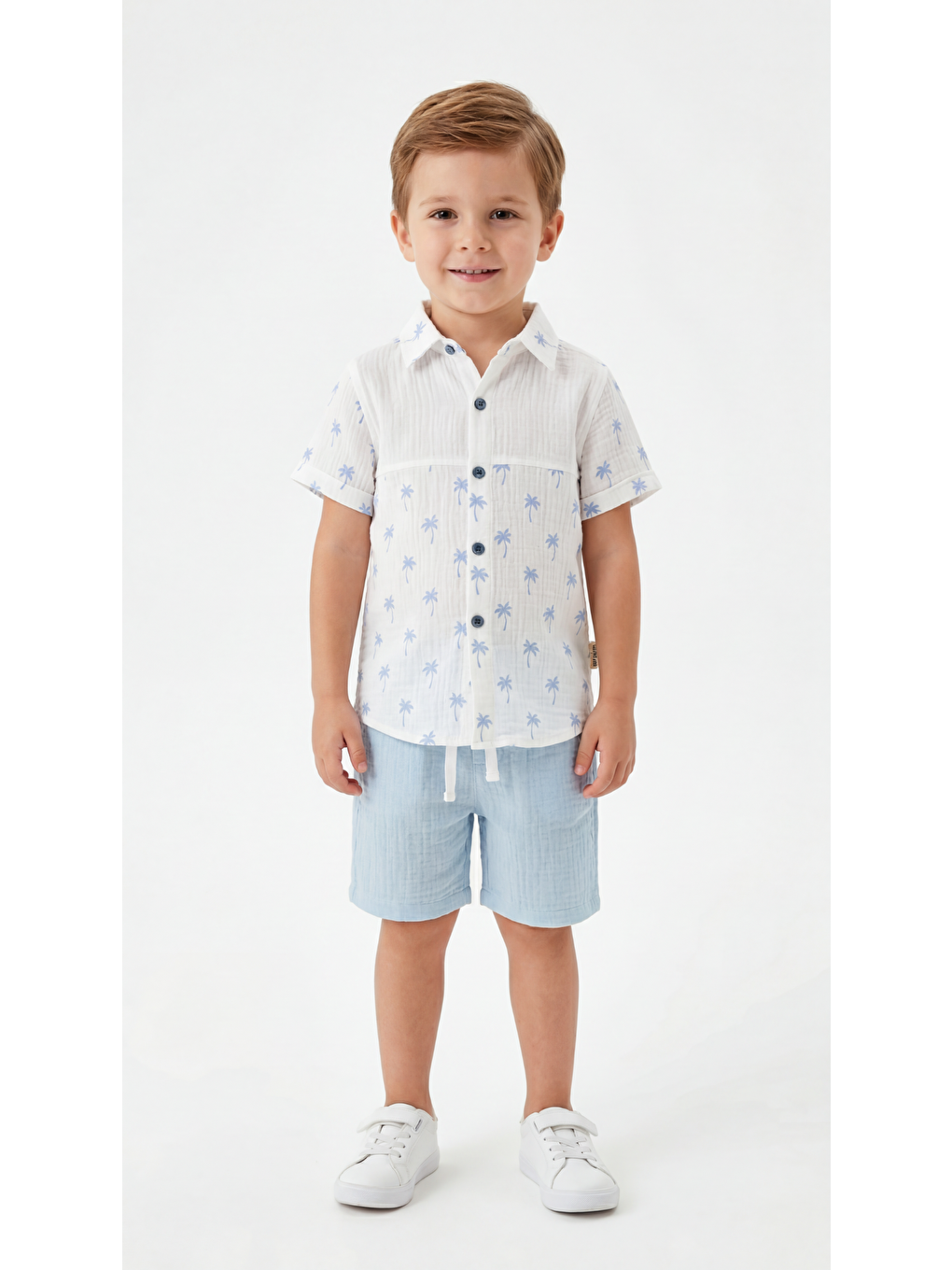 Mavi Palmiye Desenli Erkek Çocuk Gömlek & Şort Takımı