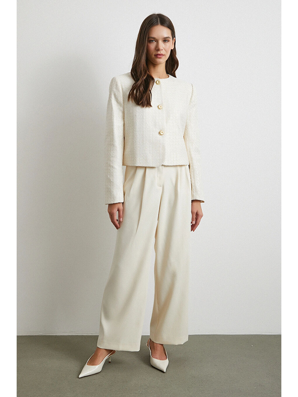 Pamuk Düğmeli Uzun Kollu Ceket Ekru-1