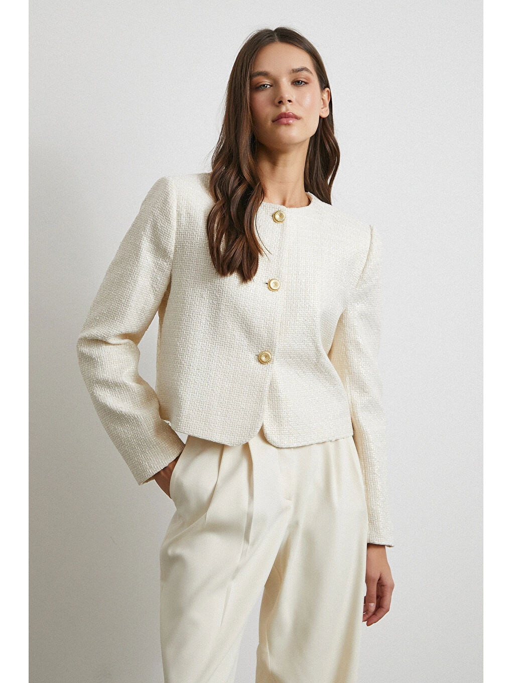 Pamuk Düğmeli Uzun Kollu Ceket Ekru-2