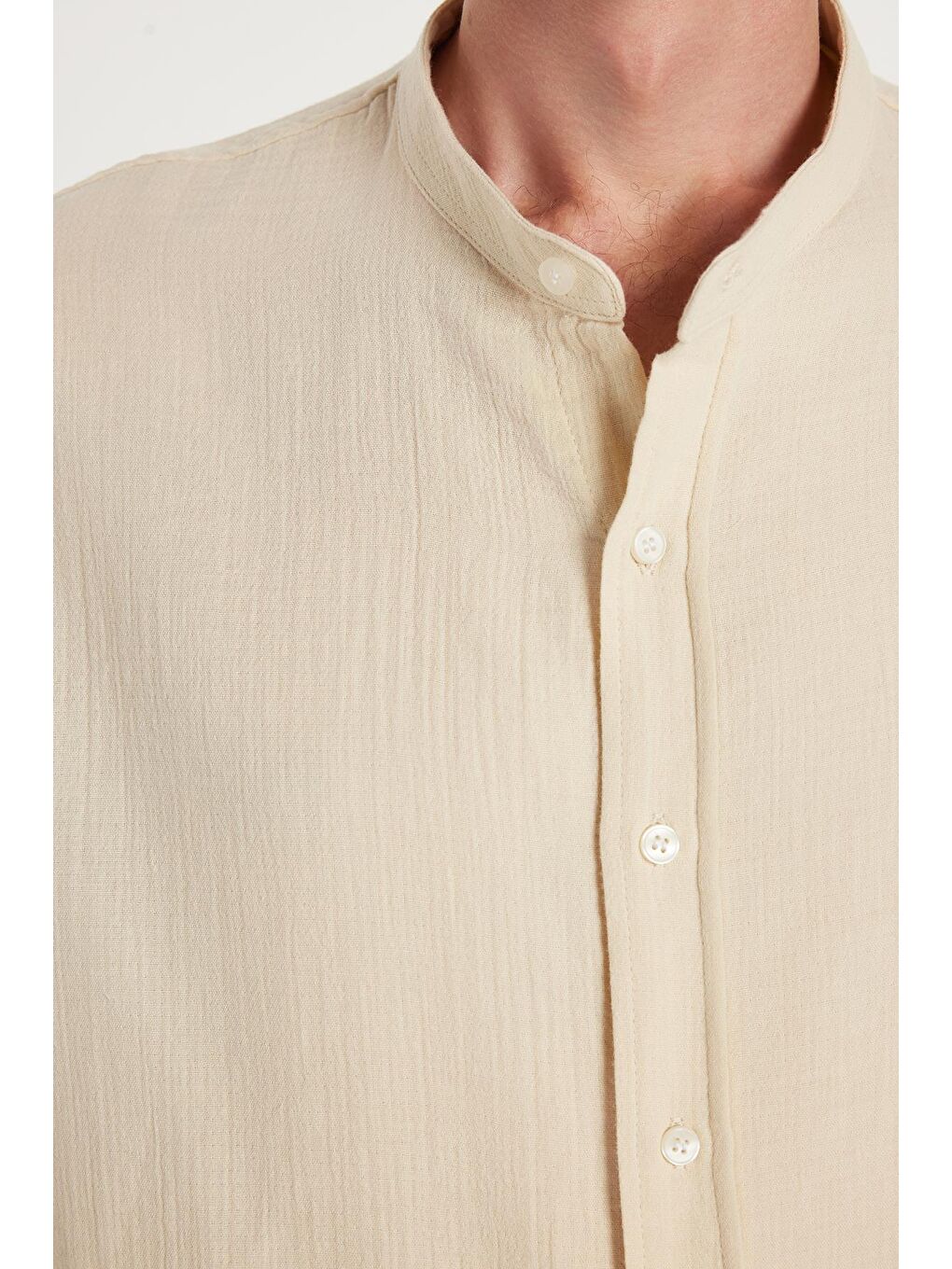 Erkek Relax Fit Rahat Kesim %100 Pamuk Müslin Kumaş Kısa Kollu Spor Hakim Yaka Bej Gömlek-2