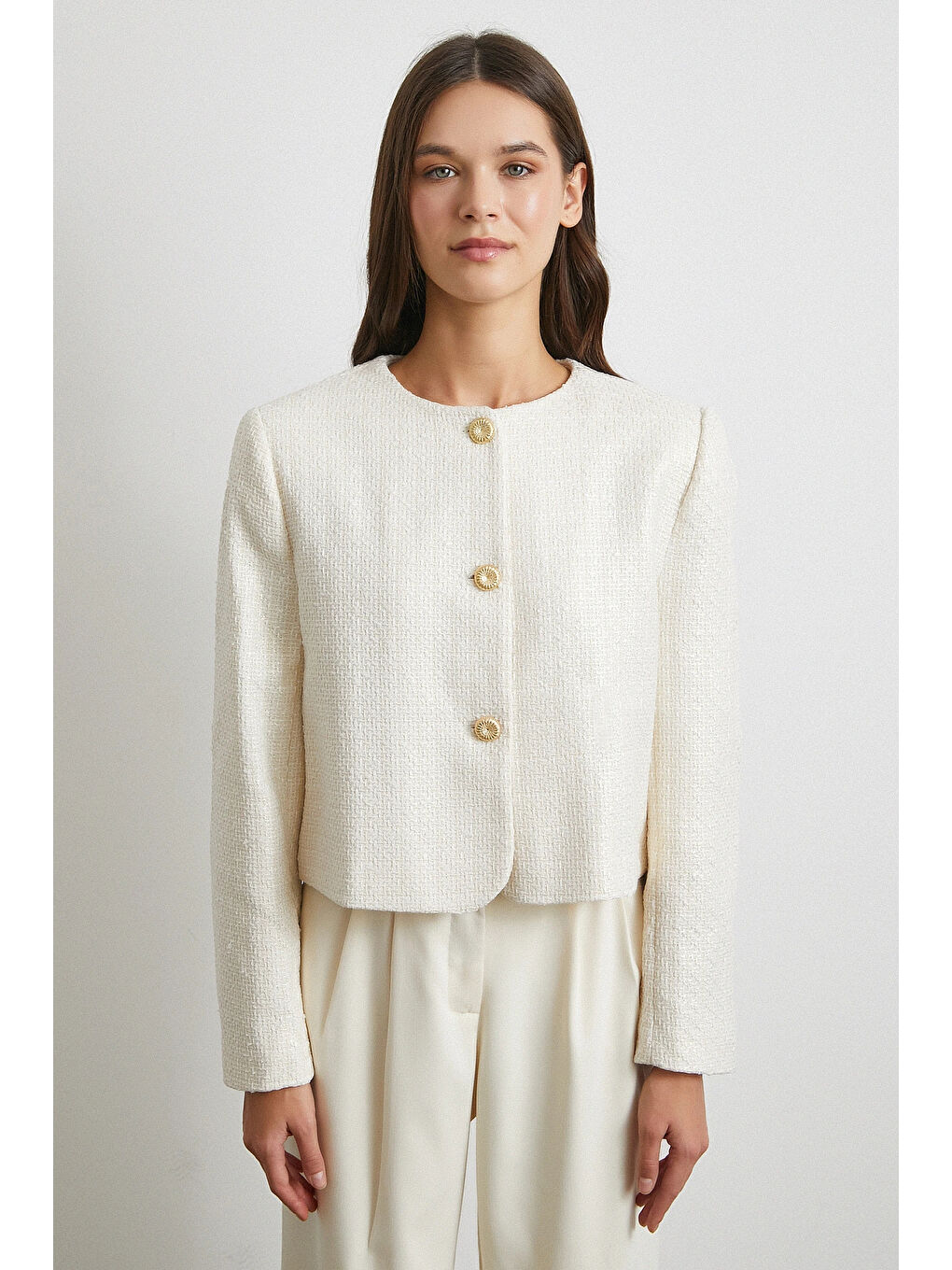 Pamuk Düğmeli Uzun Kollu Ceket Ekru-3