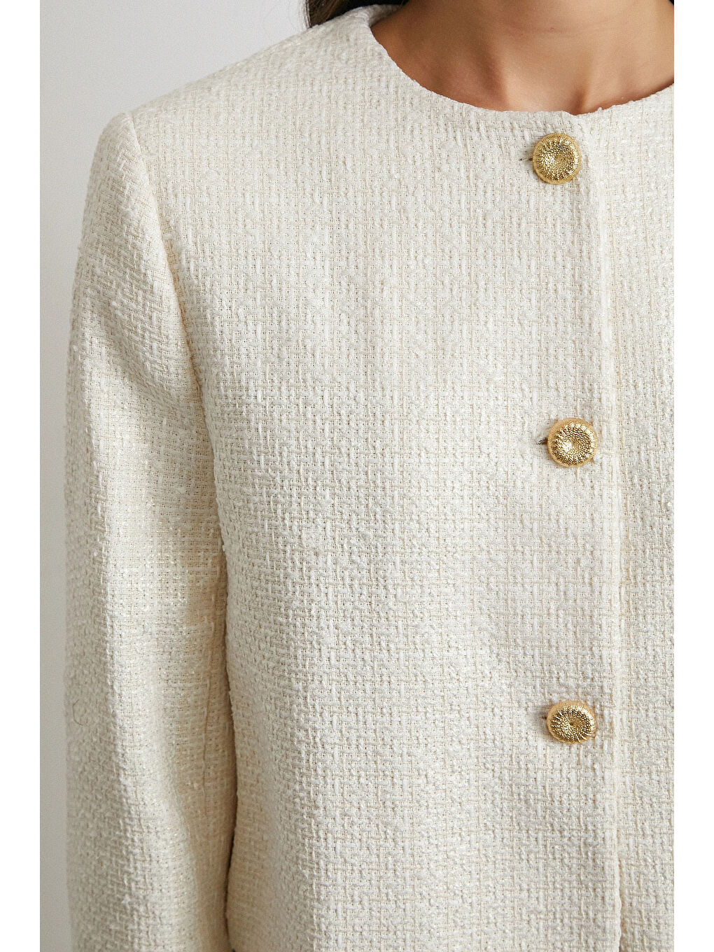 Pamuk Düğmeli Uzun Kollu Ceket Ekru-4