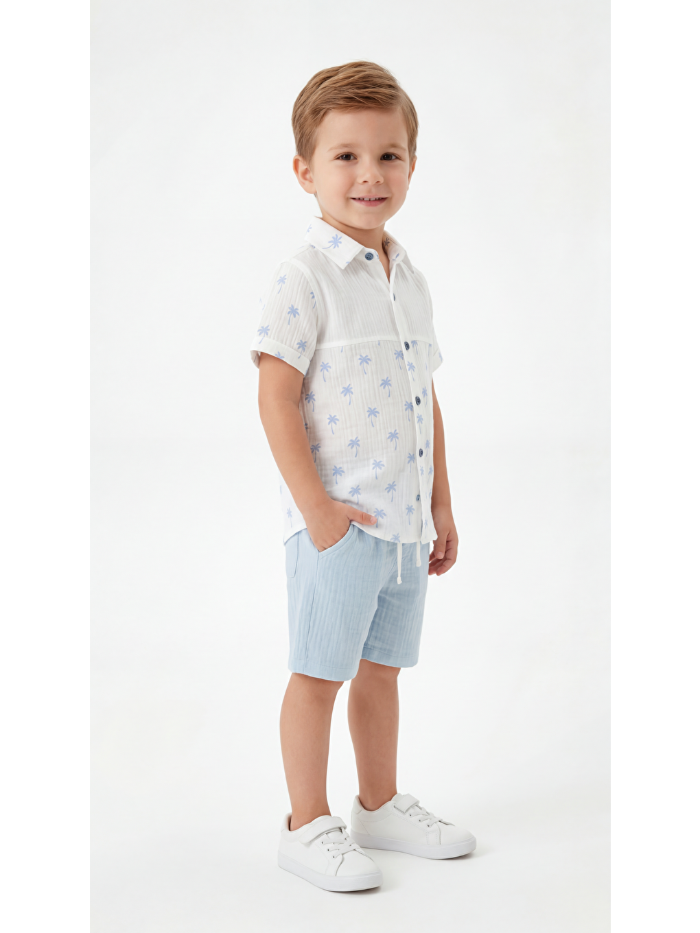 Mavi Palmiye Desenli Erkek Çocuk Gömlek & Şort Takımı-1