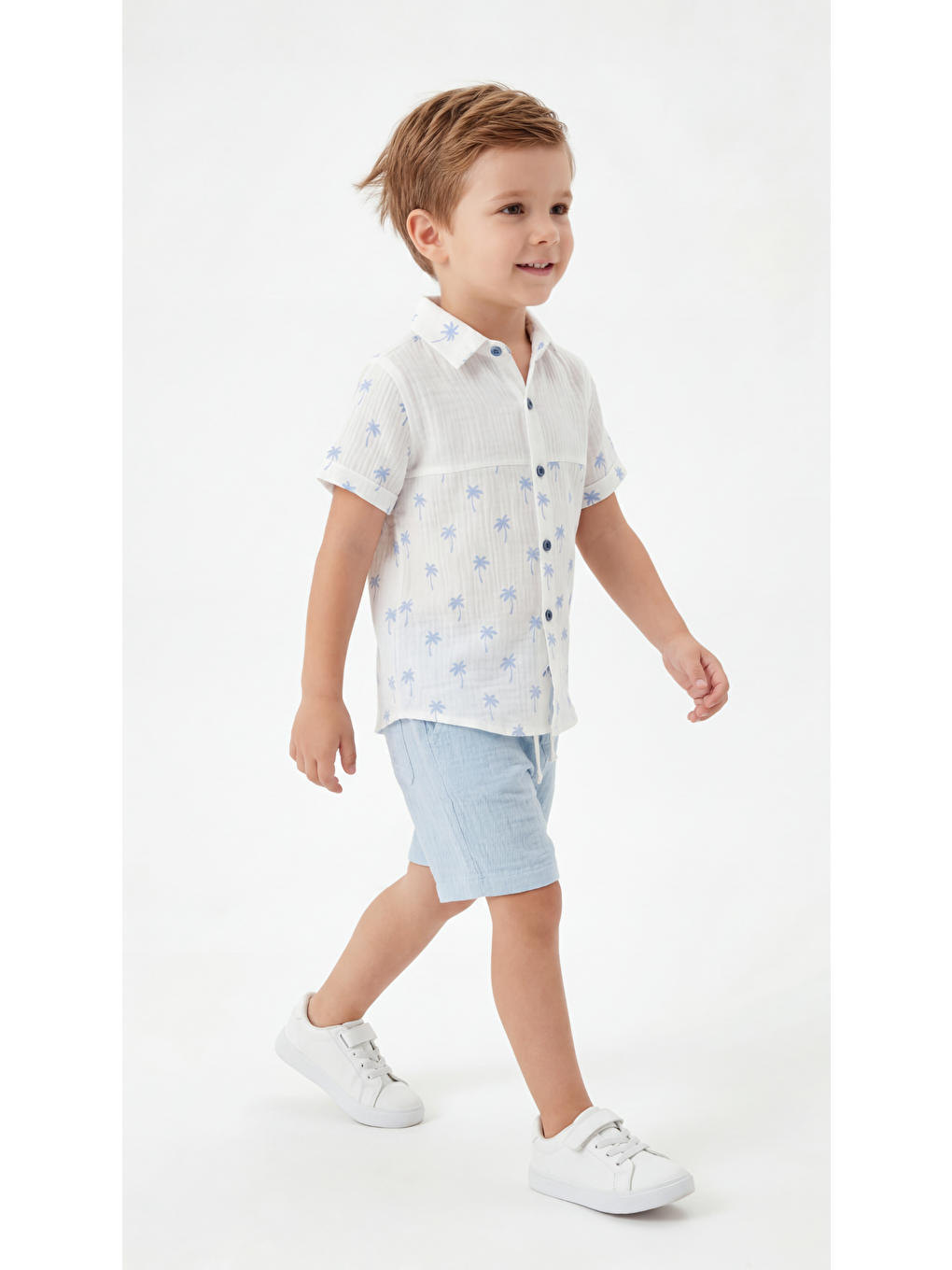 Mavi Palmiye Desenli Erkek Çocuk Gömlek & Şort Takımı-2