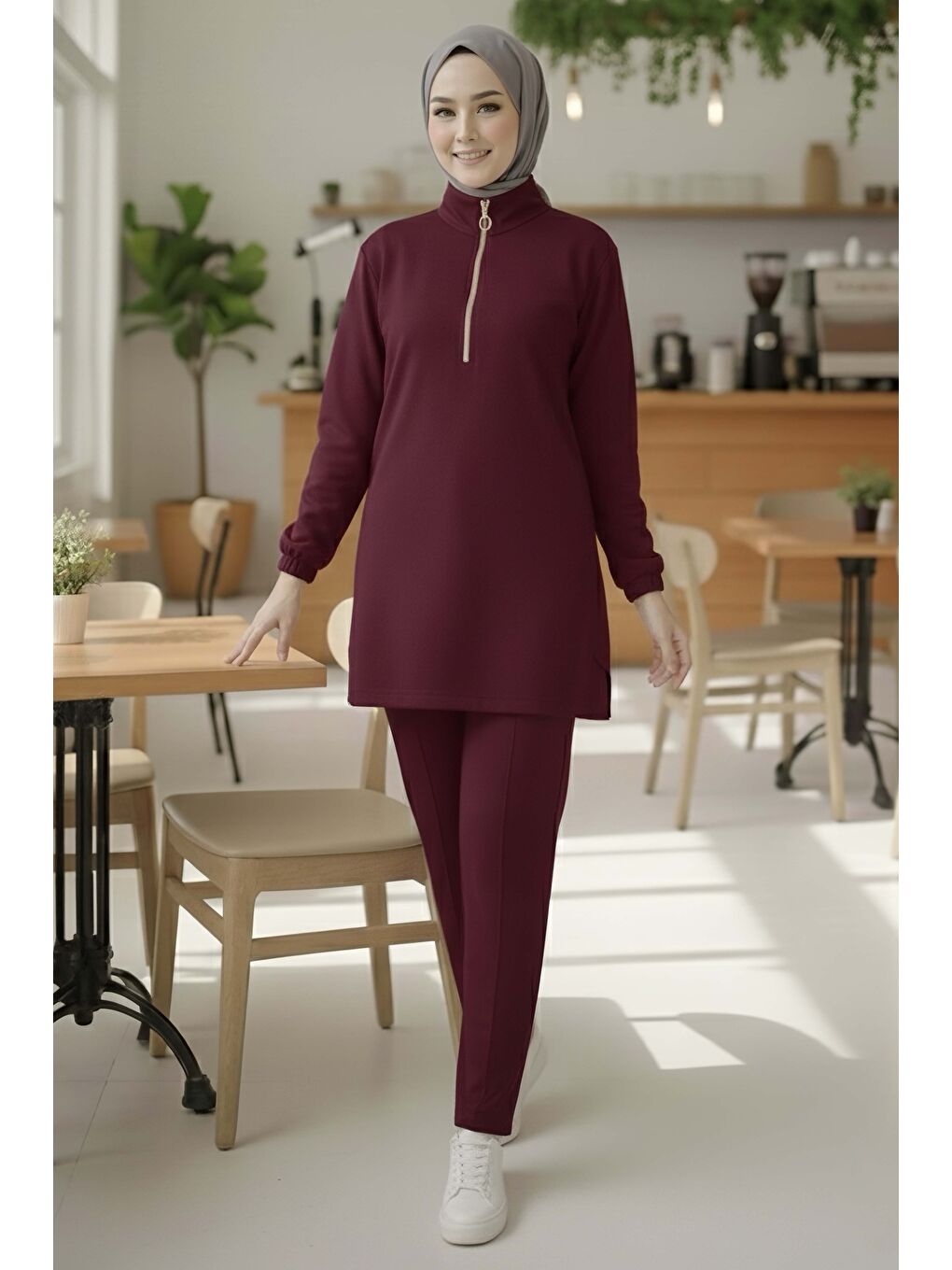 Fermuarlı Modal İkili Takım Bordo - 1013-BORDO-1