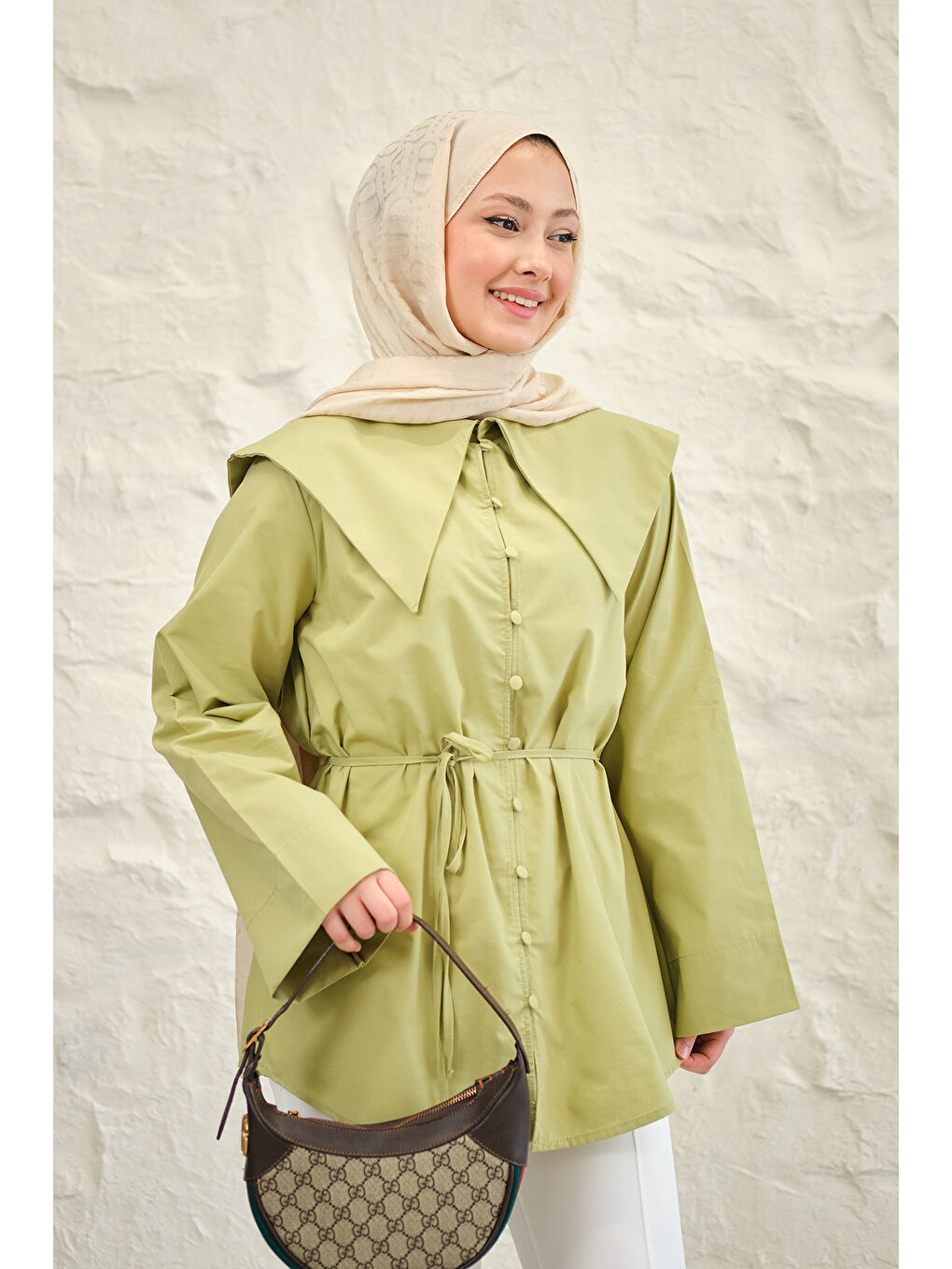 Kadın Gemici Yaka Bel Bağlamalı Gömlek Fıstık Yeşil-1