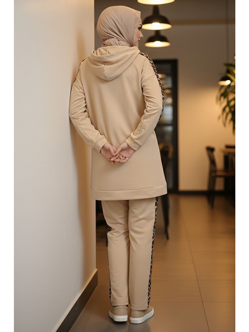 Ekru Leopar Şerit Detaylı İki İplik İkili Takım Krem - 2051-KREM-2