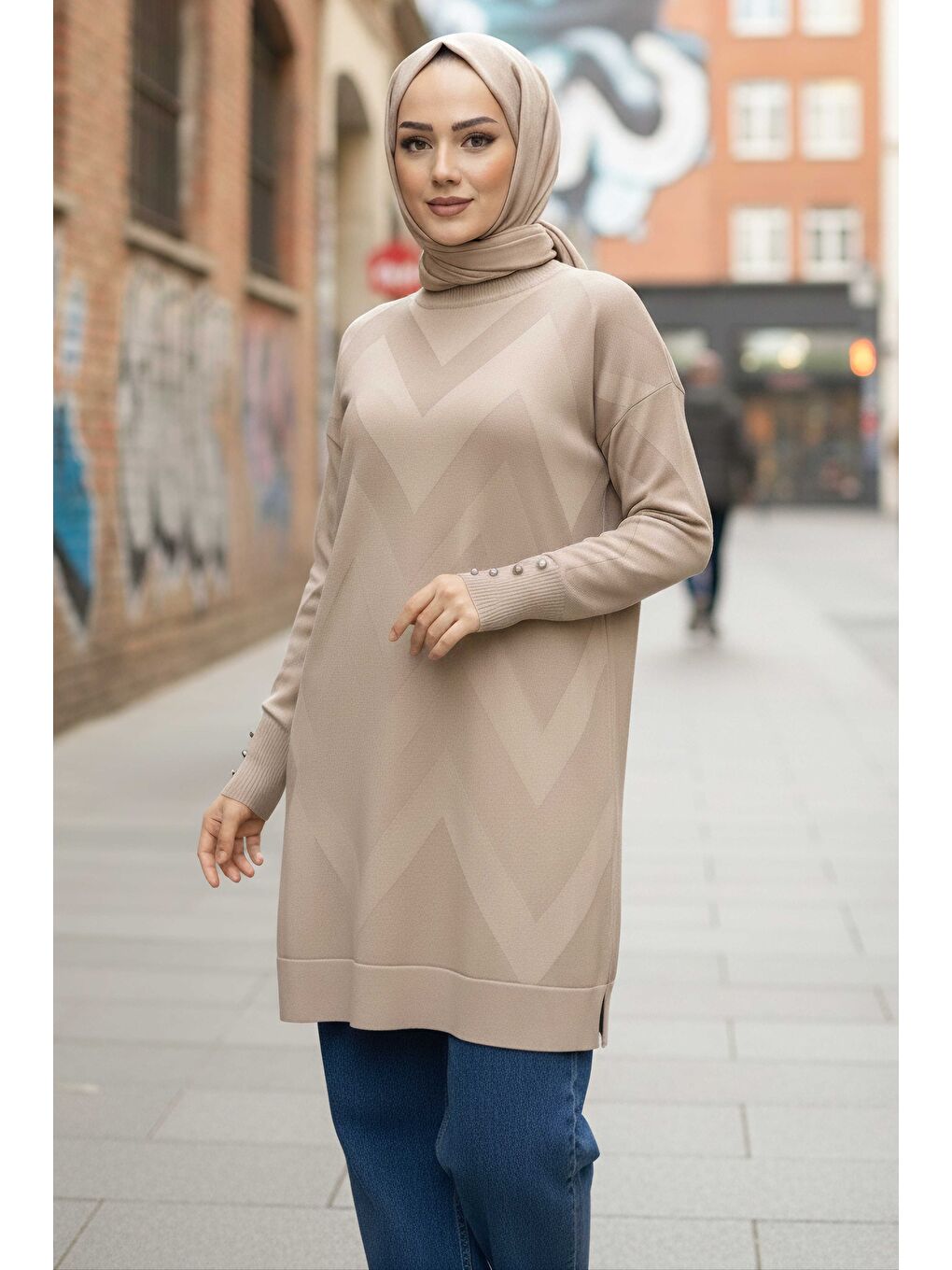 Kol Düğmeli Tiiko Tunik Bej - 28081-BEJ-1