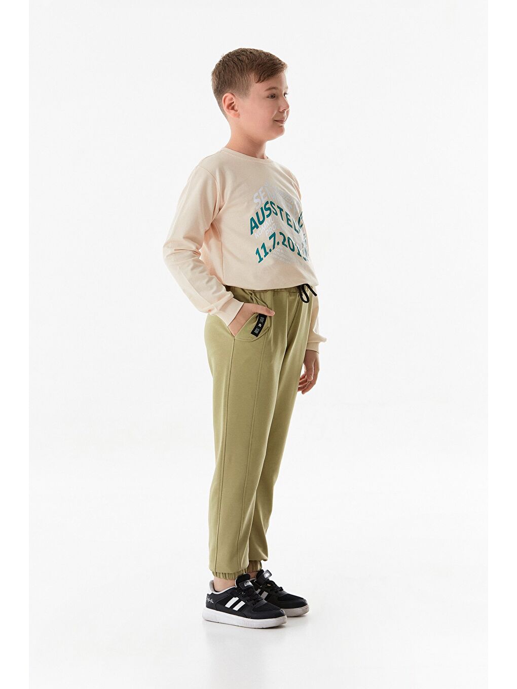 Haki Beli Lastikli Cebi Armalı Jogger Erkek Çocuk Eşofman Altı-2