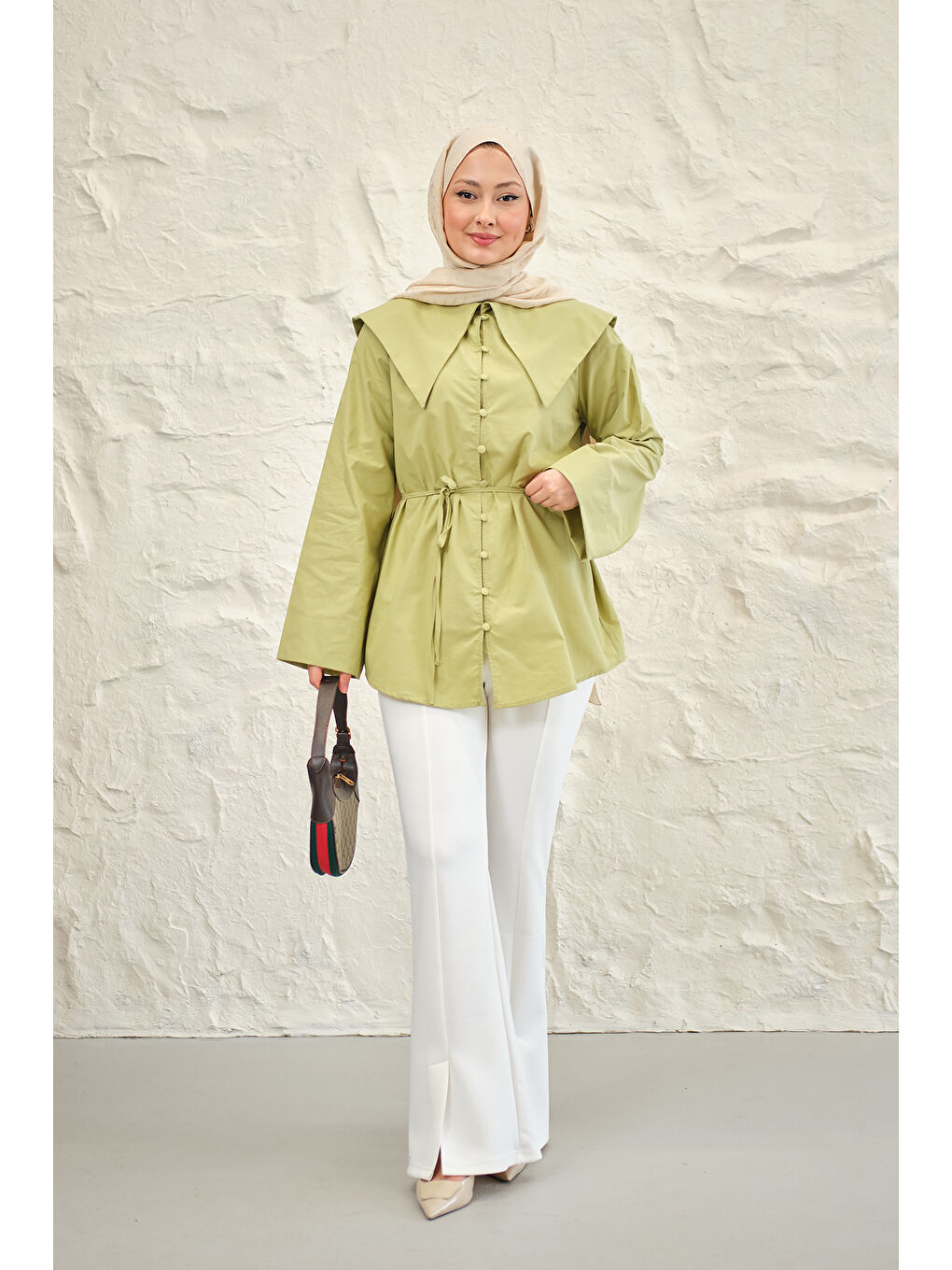 Kadın Gemici Yaka Bel Bağlamalı Gömlek Fıstık Yeşil-2