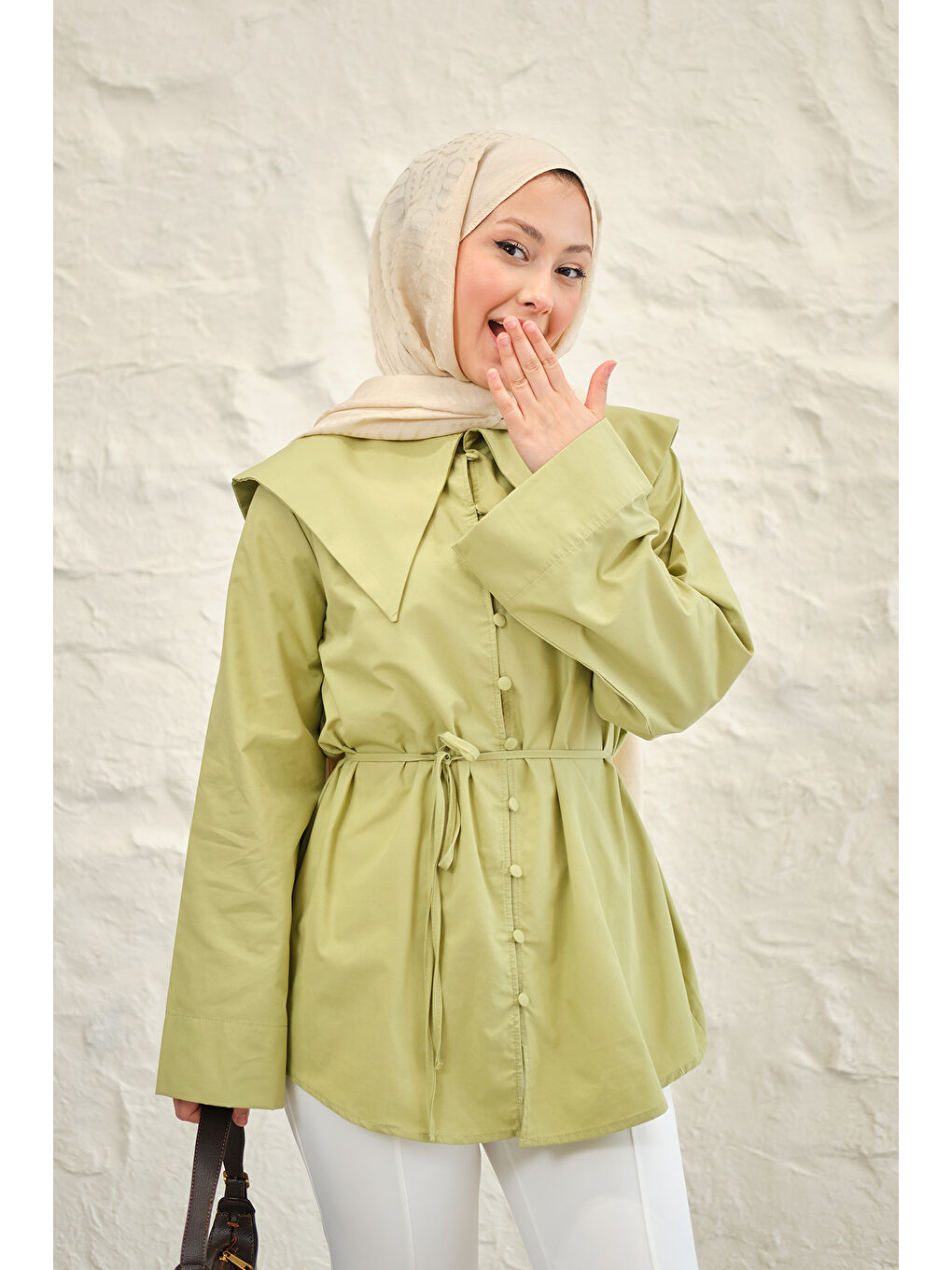 Kadın Gemici Yaka Bel Bağlamalı Gömlek Fıstık Yeşil-3