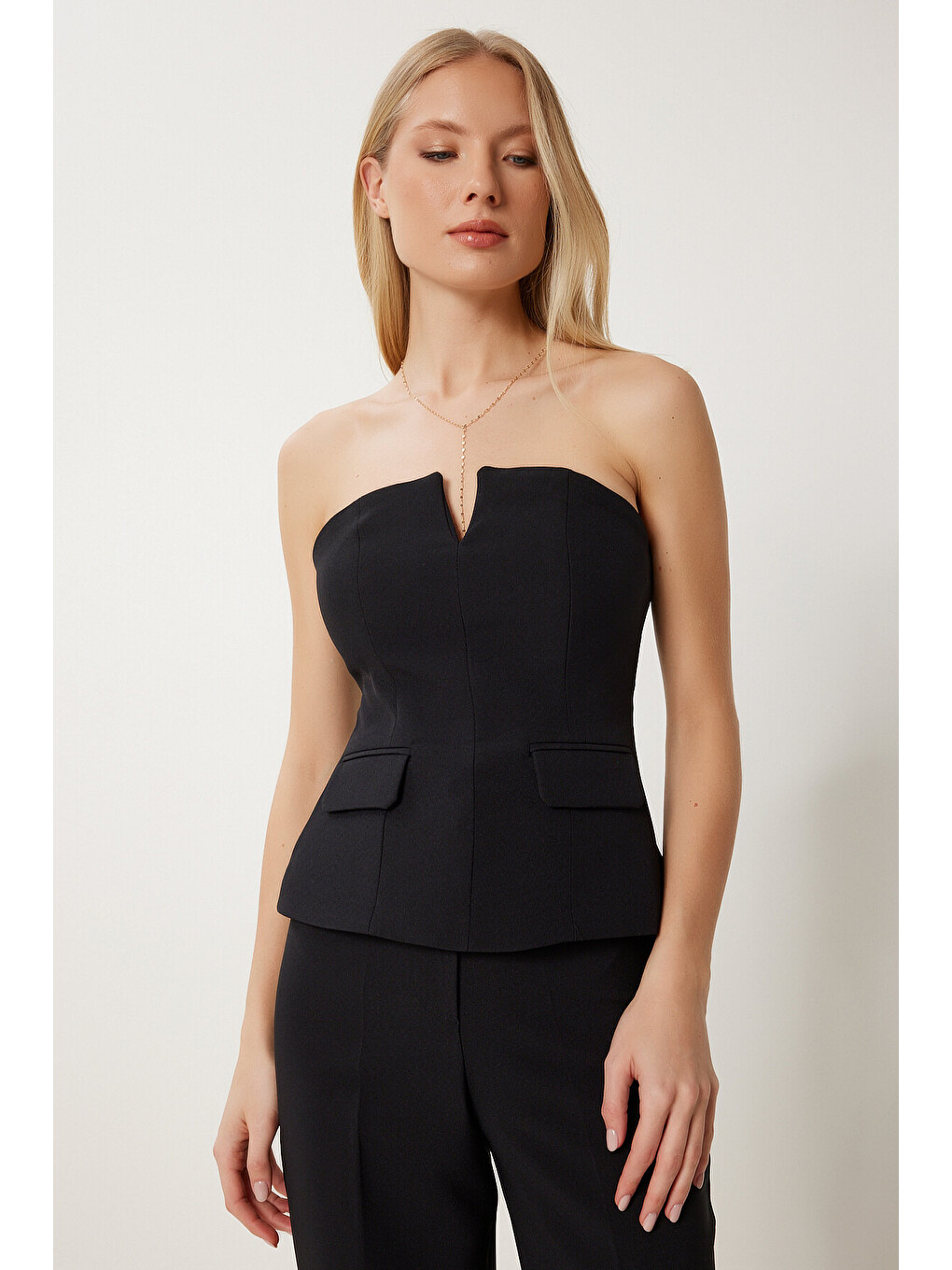 Siyah Straplez Dokuma Bluz Pantolon Takım SİYAH LFK0010-1