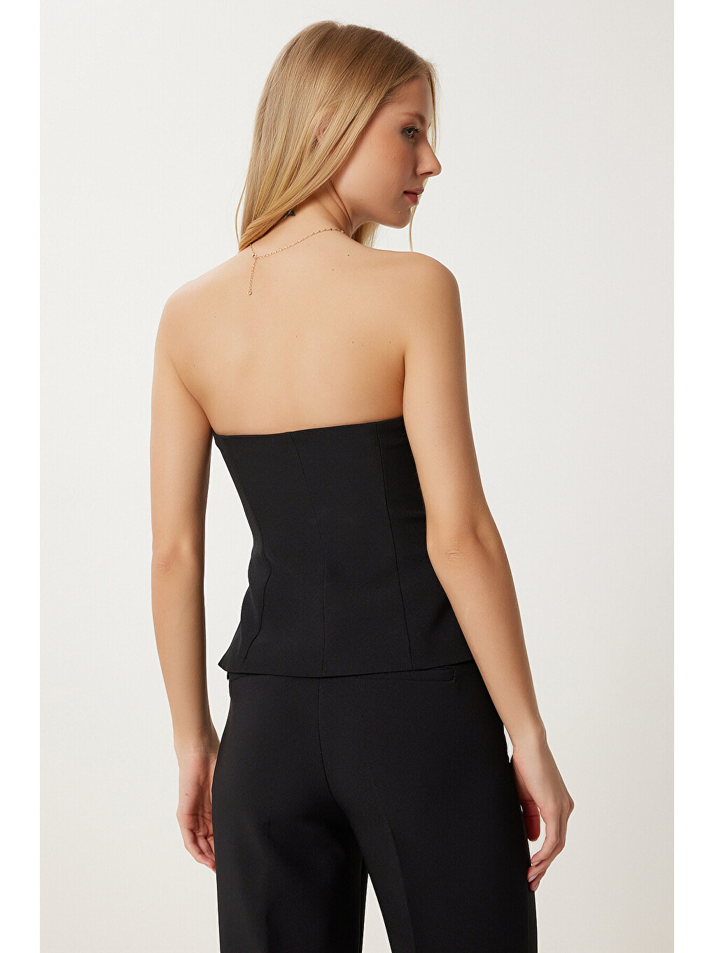 Siyah Straplez Dokuma Bluz Pantolon Takım SİYAH LFK0010-2