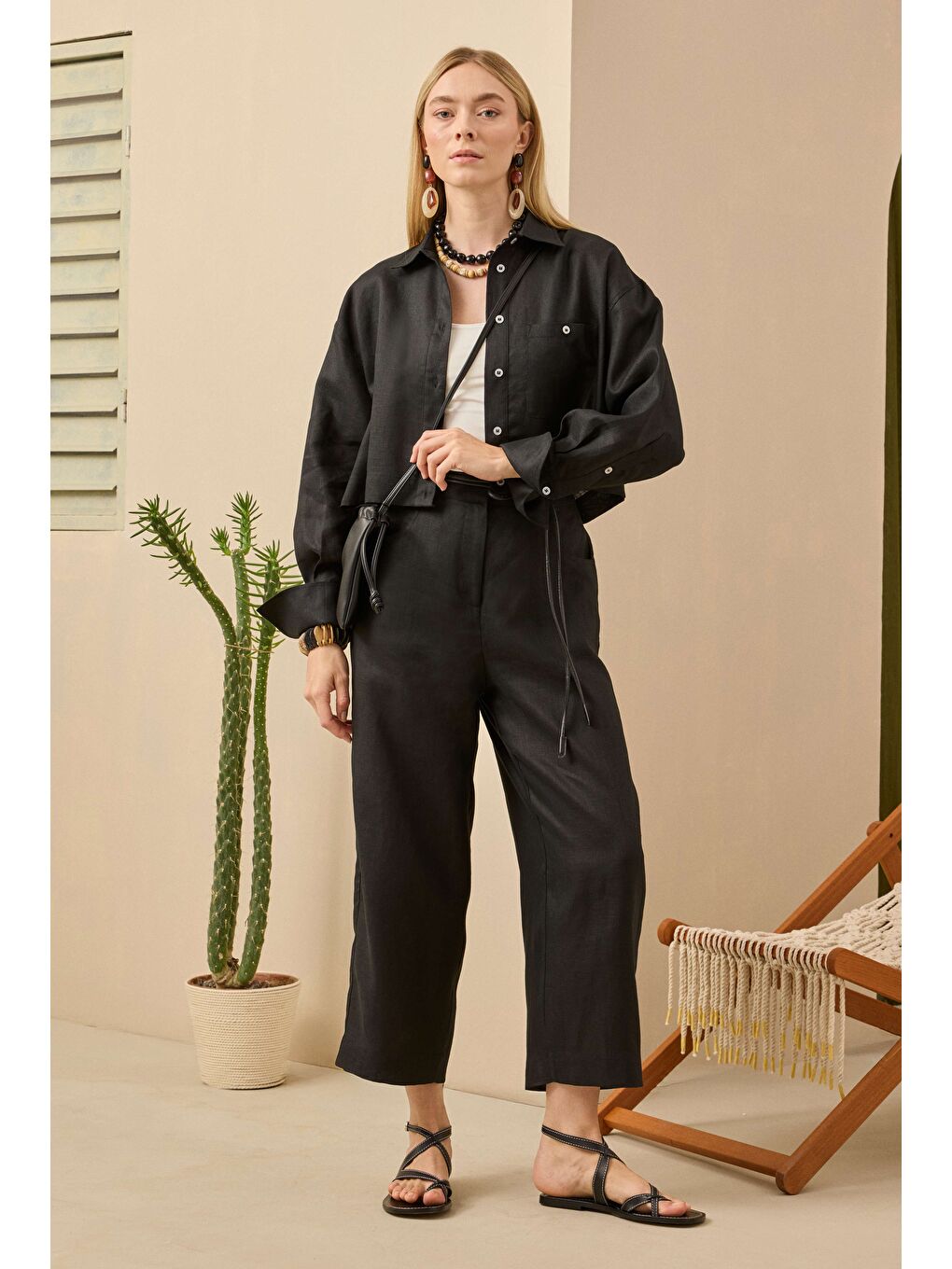 Midi Keten Pantolon Siyah