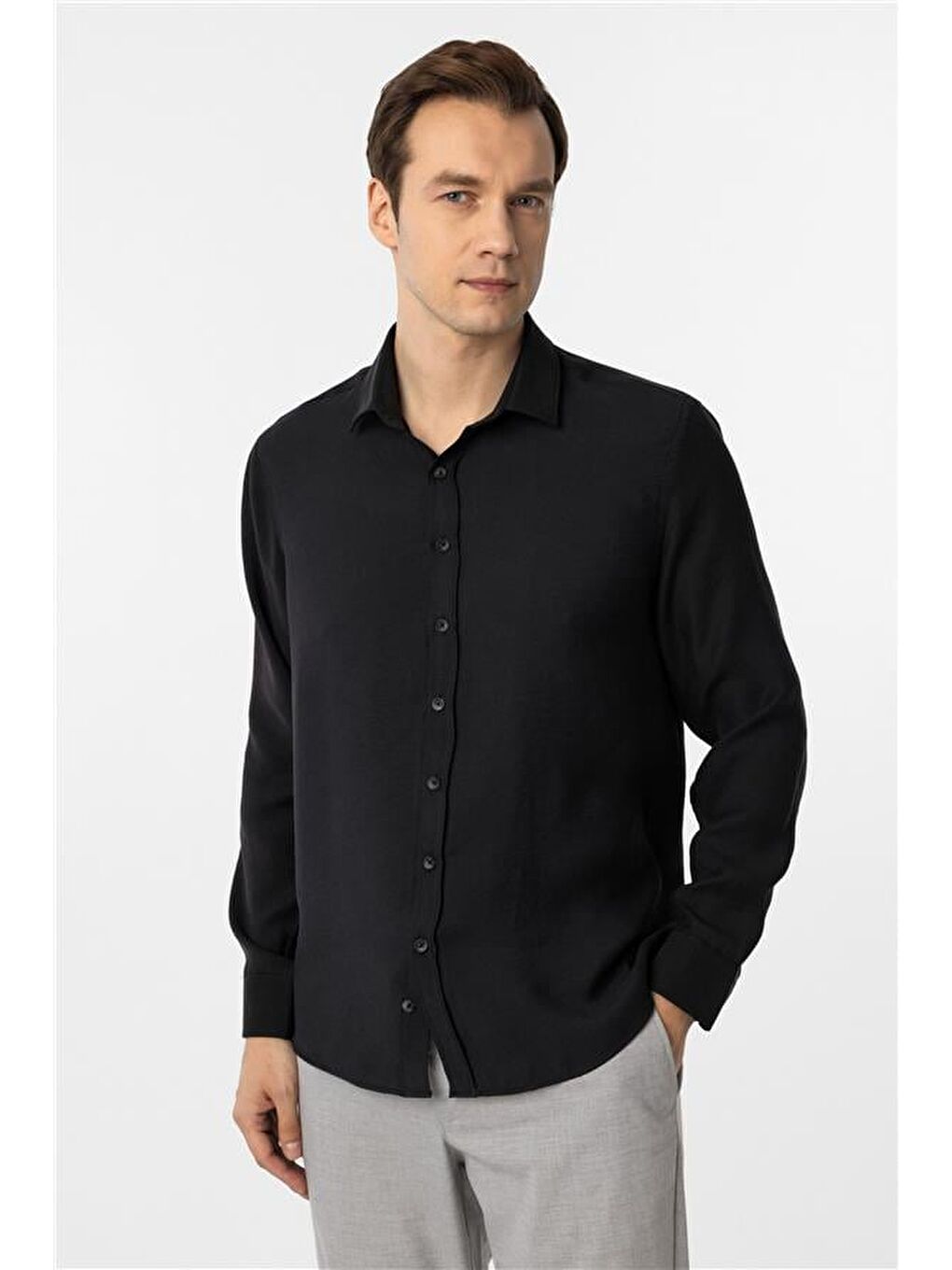 Siyah Slim Düz Klasik Yaka Gömlek-1