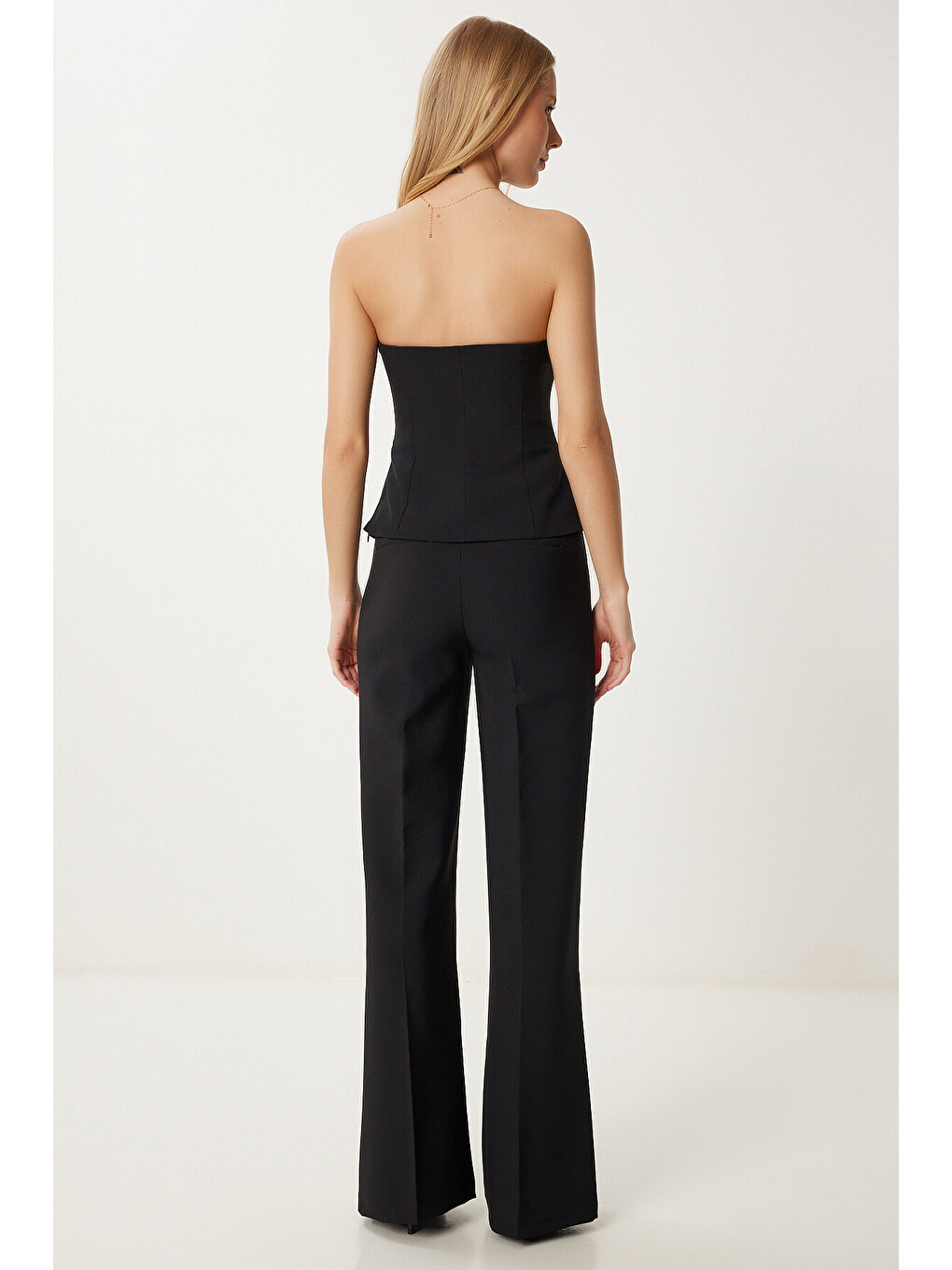 Siyah Straplez Dokuma Bluz Pantolon Takım SİYAH LFK0010-4