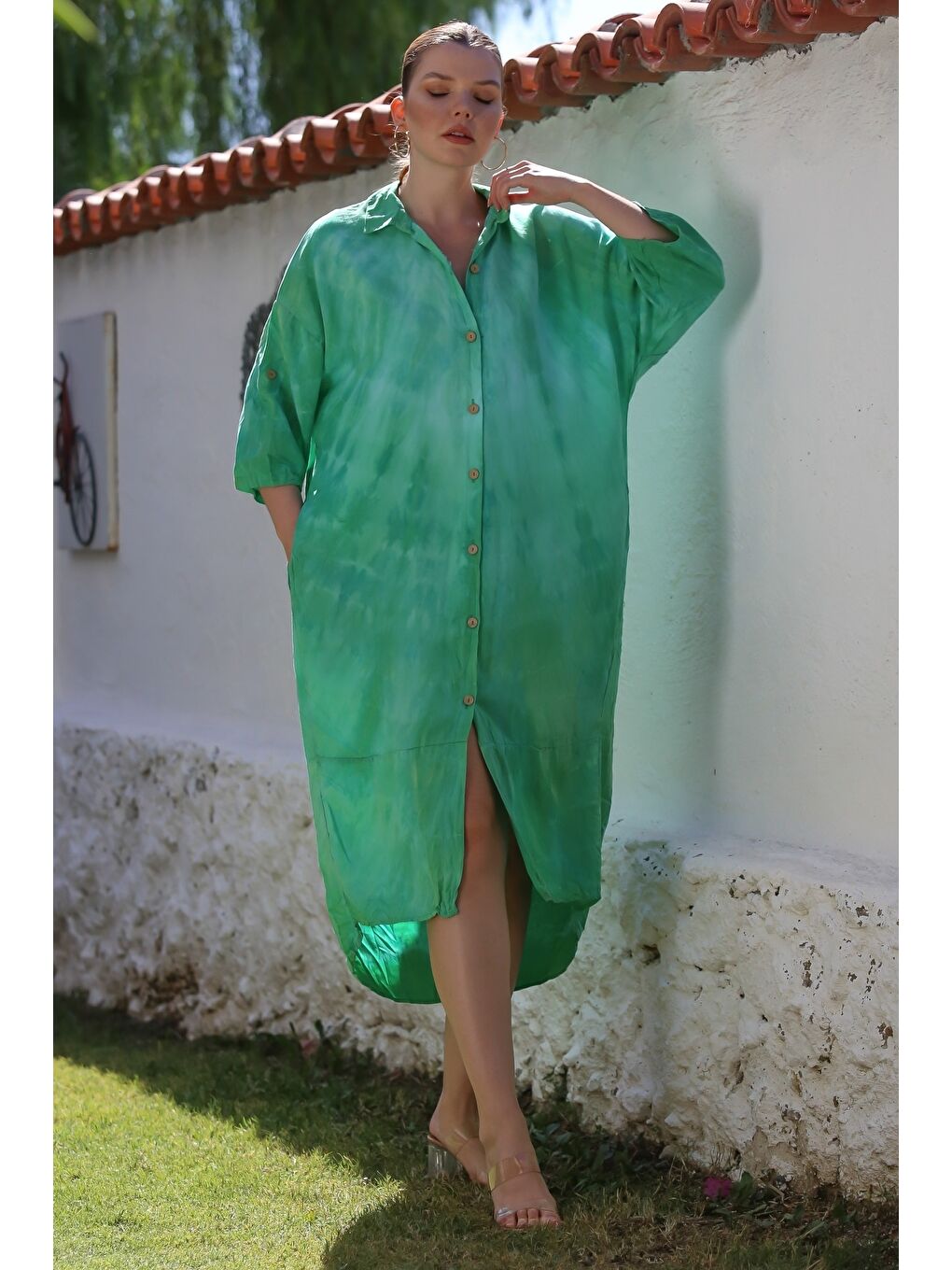 İtalyan Yeşil Gömlek Yaka Düğmeli 3/4 Kol Batik Gizli Cepli Casual Oversize Dokuma Elbise 115 70