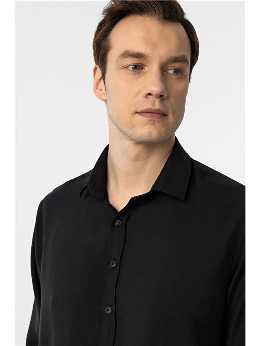 Siyah Slim Düz Klasik Yaka Gömlek-2