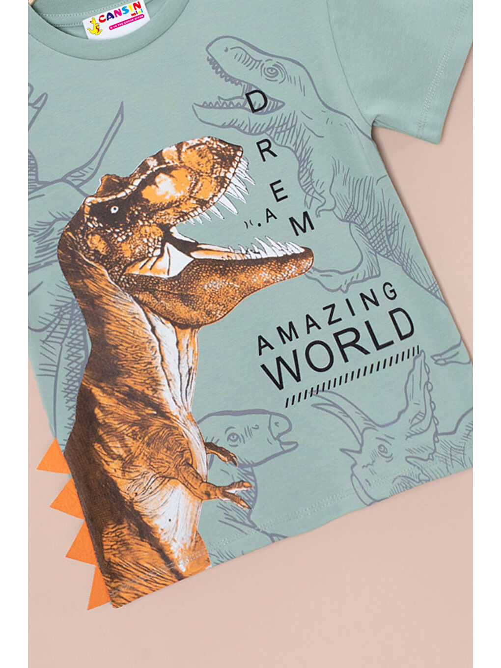 Yeşil Dinozor Baskılı Bisiklet Yaka Erkek Bebek Tişört 20949-1