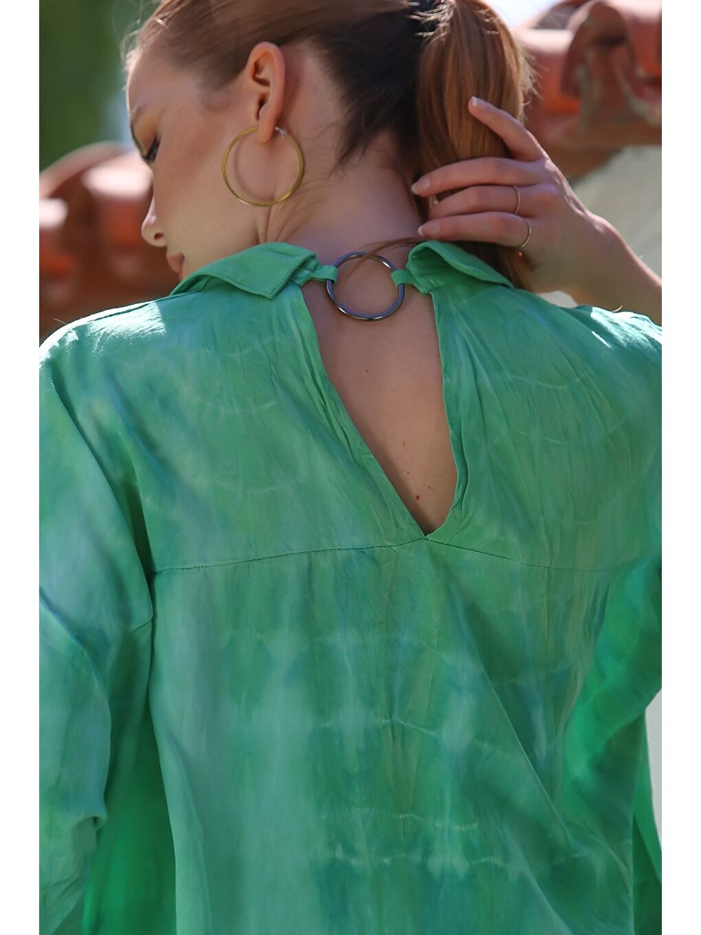 İtalyan Yeşil Gömlek Yaka Düğmeli 3/4 Kol Batik Gizli Cepli Casual Oversize Dokuma Elbise 115 70-2