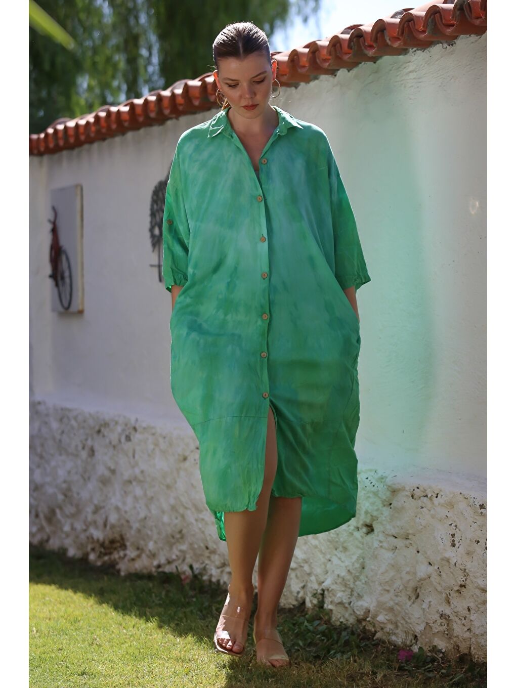 İtalyan Yeşil Gömlek Yaka Düğmeli 3/4 Kol Batik Gizli Cepli Casual Oversize Dokuma Elbise 115 70-3