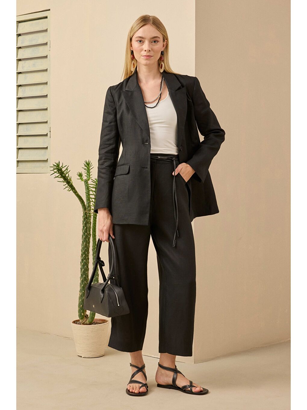 Midi Keten Pantolon Siyah-1