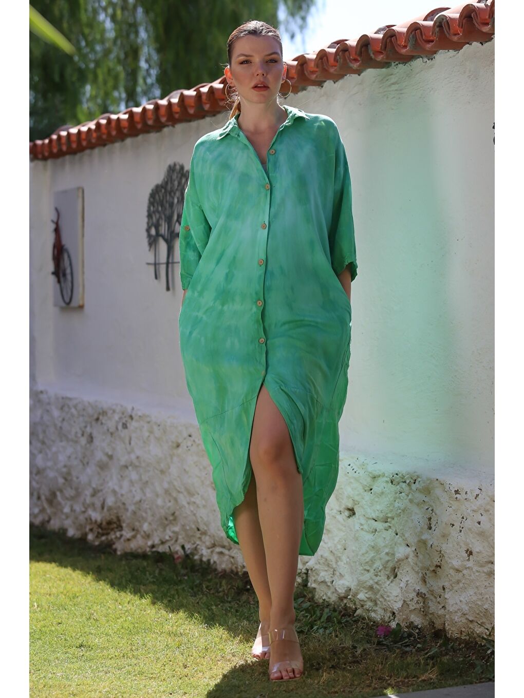 İtalyan Yeşil Gömlek Yaka Düğmeli 3/4 Kol Batik Gizli Cepli Casual Oversize Dokuma Elbise 115 70-4