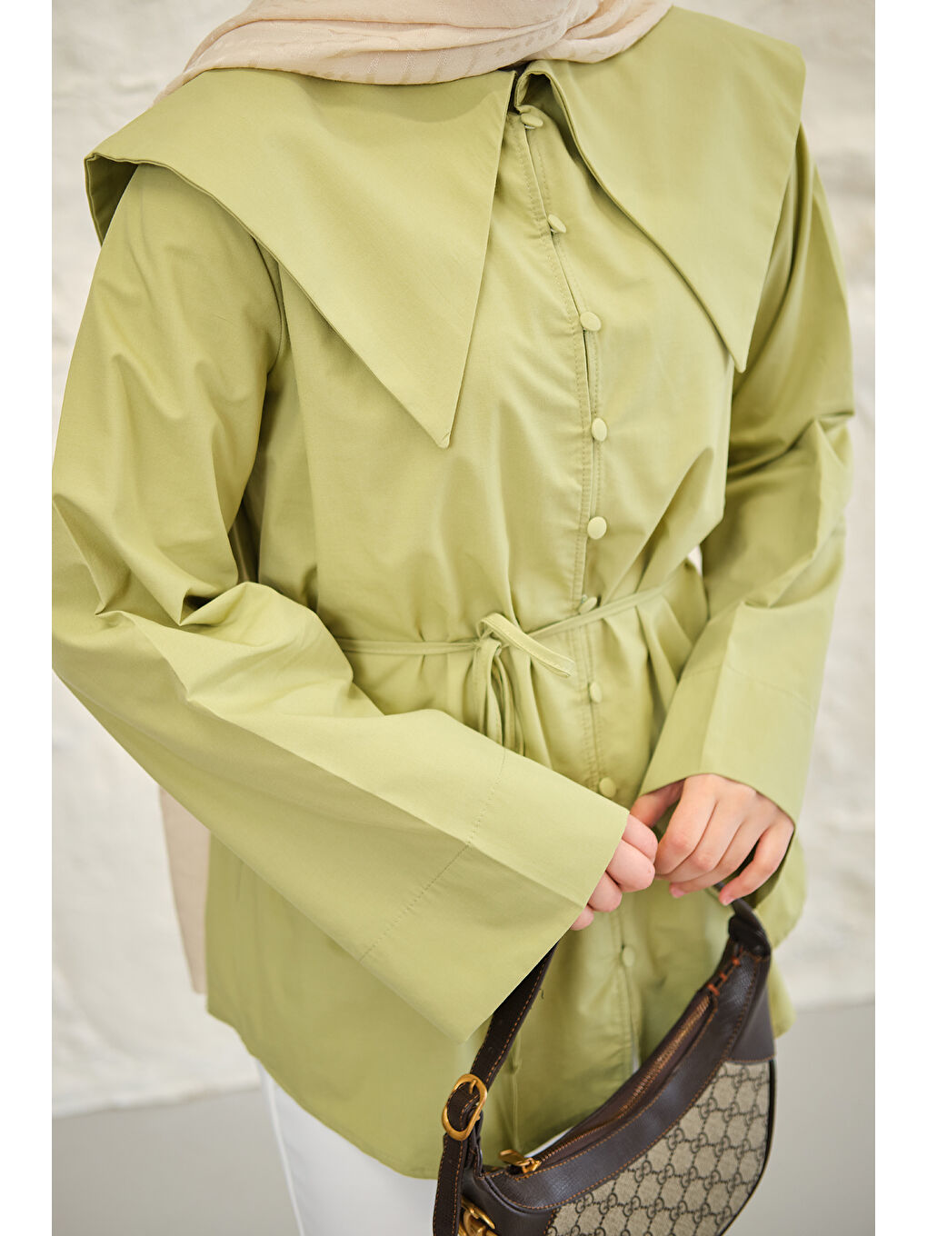 Kadın Gemici Yaka Bel Bağlamalı Gömlek Fıstık Yeşil-4
