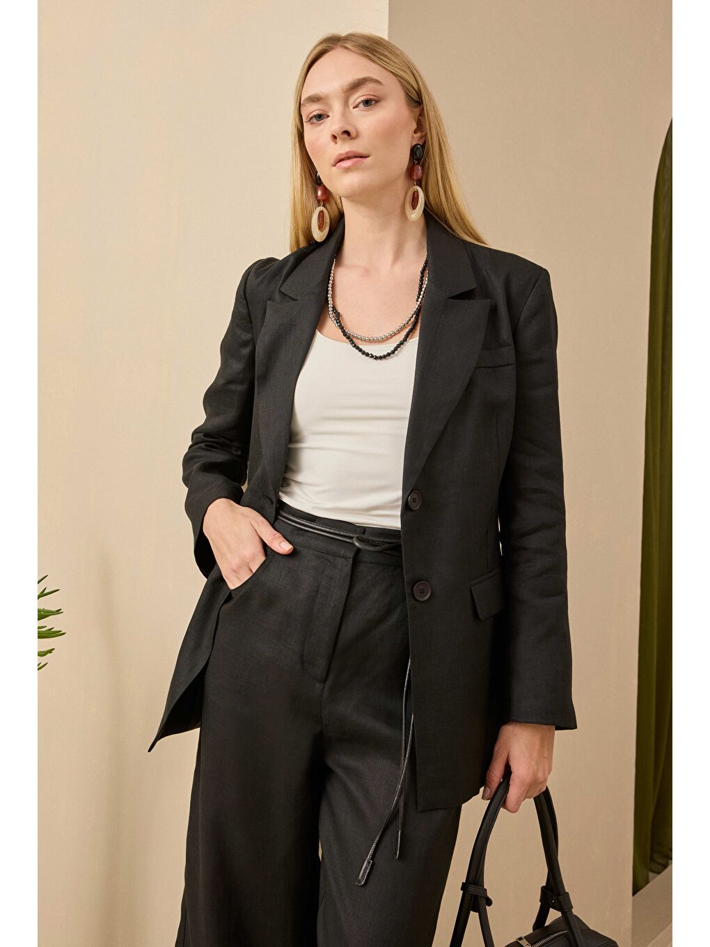 Midi Keten Pantolon Siyah-2