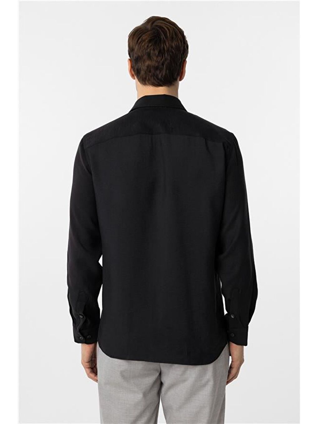 Siyah Slim Düz Klasik Yaka Gömlek-3