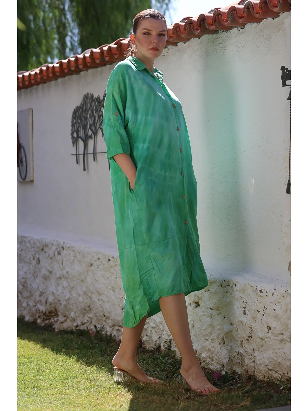 İtalyan Yeşil Gömlek Yaka Düğmeli 3/4 Kol Batik Gizli Cepli Casual Oversize Dokuma Elbise 115 70-7