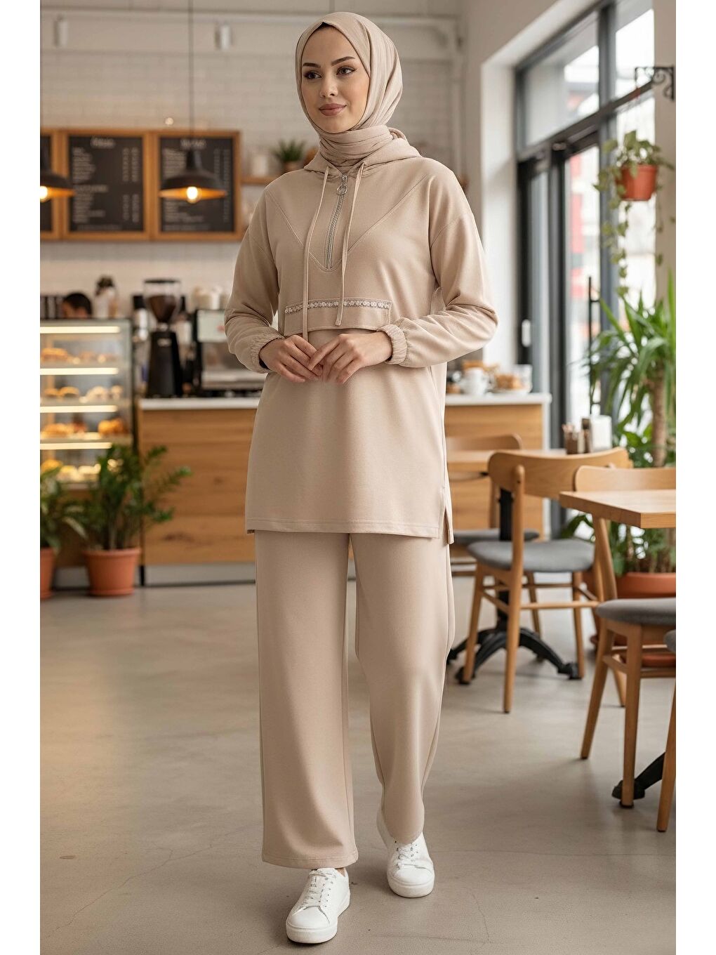 Ekru Taş Detaylı Bileği Lastikli Modal İkili Takım Krem - 1001-KREM