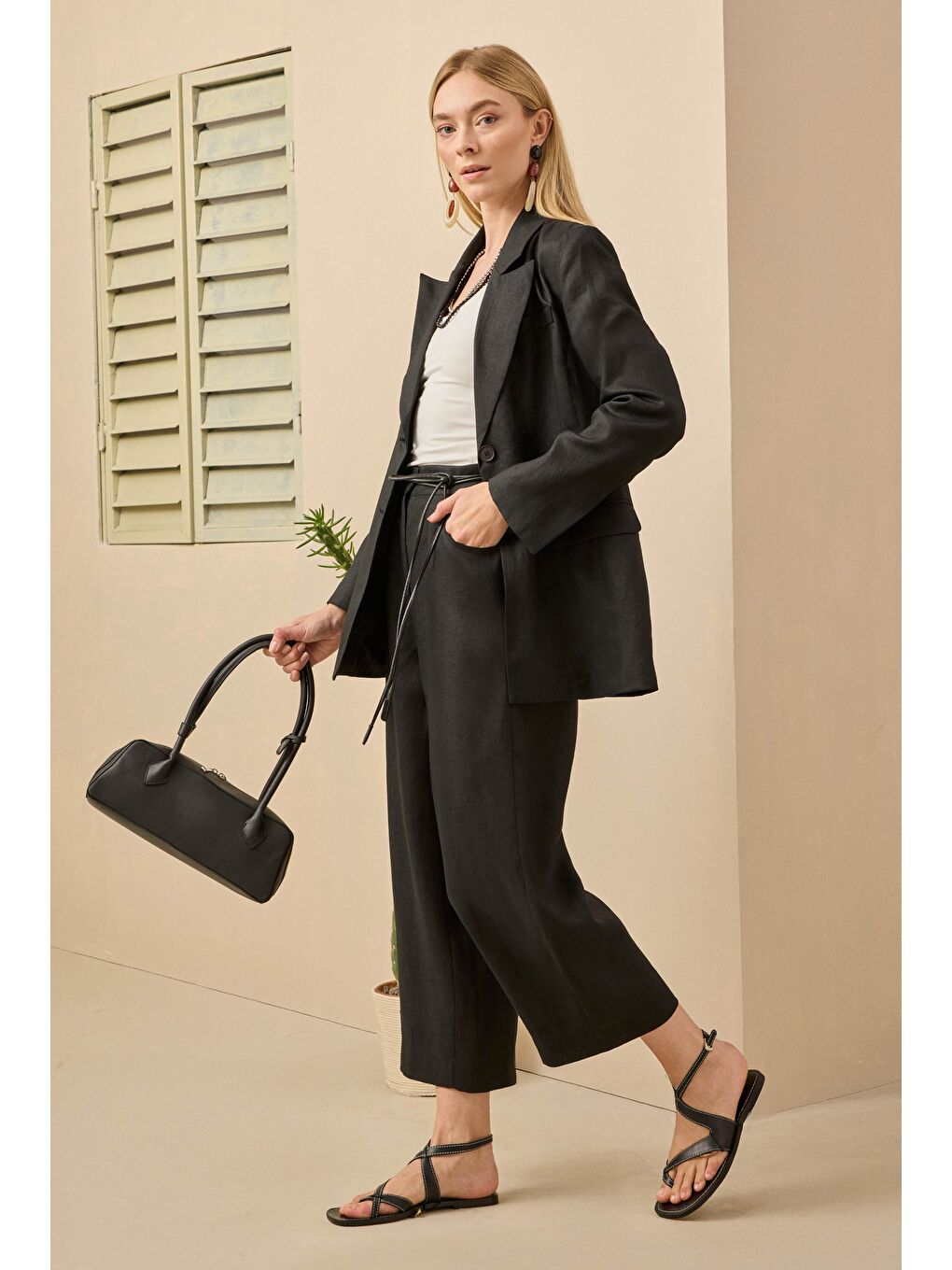 Midi Keten Pantolon Siyah-3