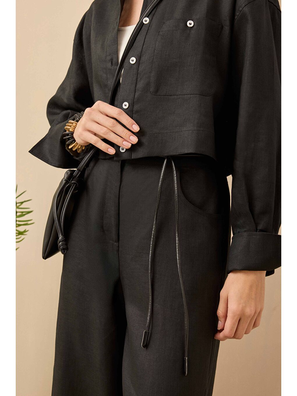 Midi Keten Pantolon Siyah-4