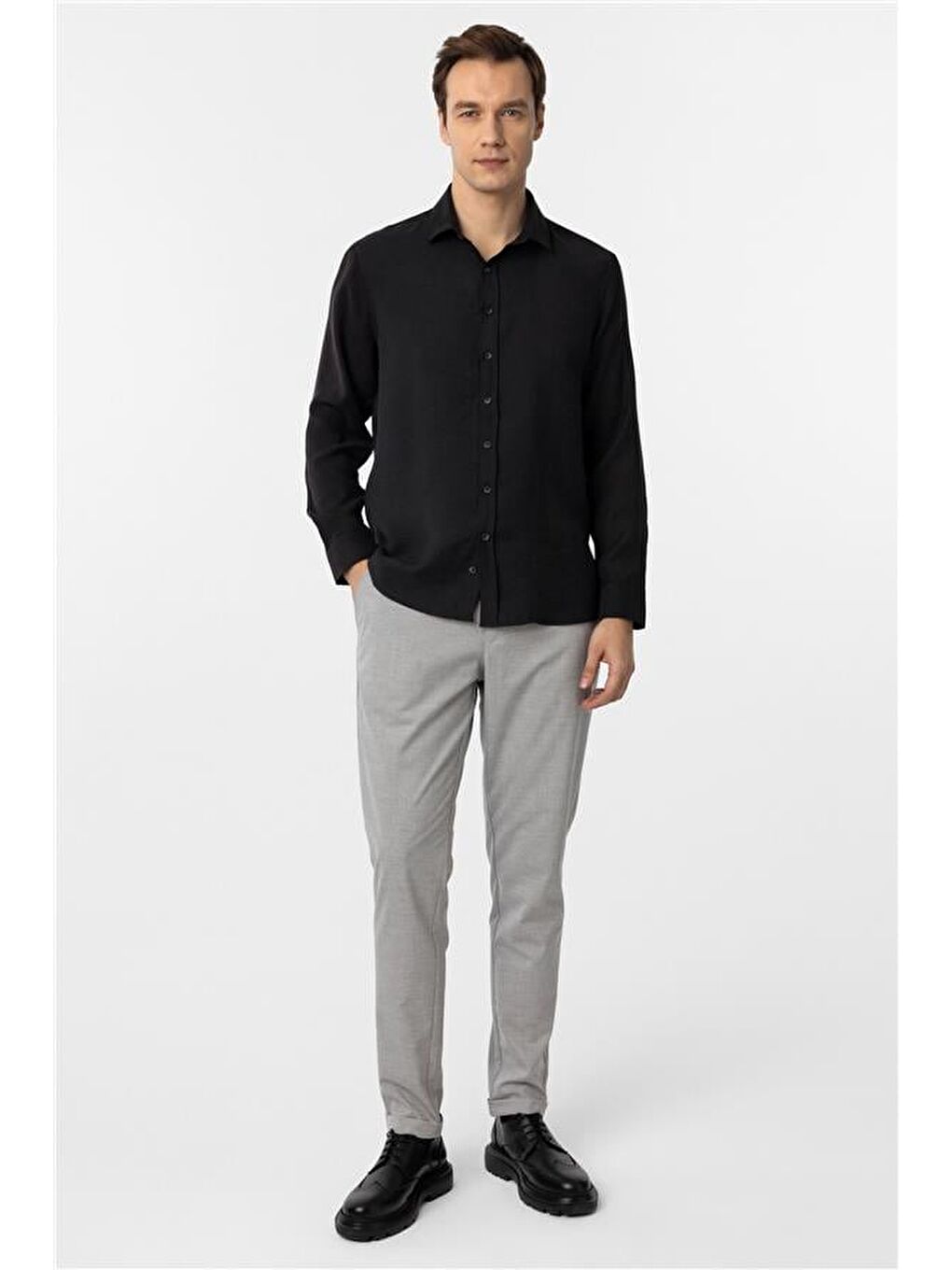 Siyah Slim Düz Klasik Yaka Gömlek-4