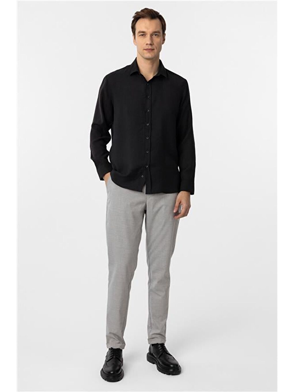 Siyah Slim Düz Klasik Yaka Gömlek-5