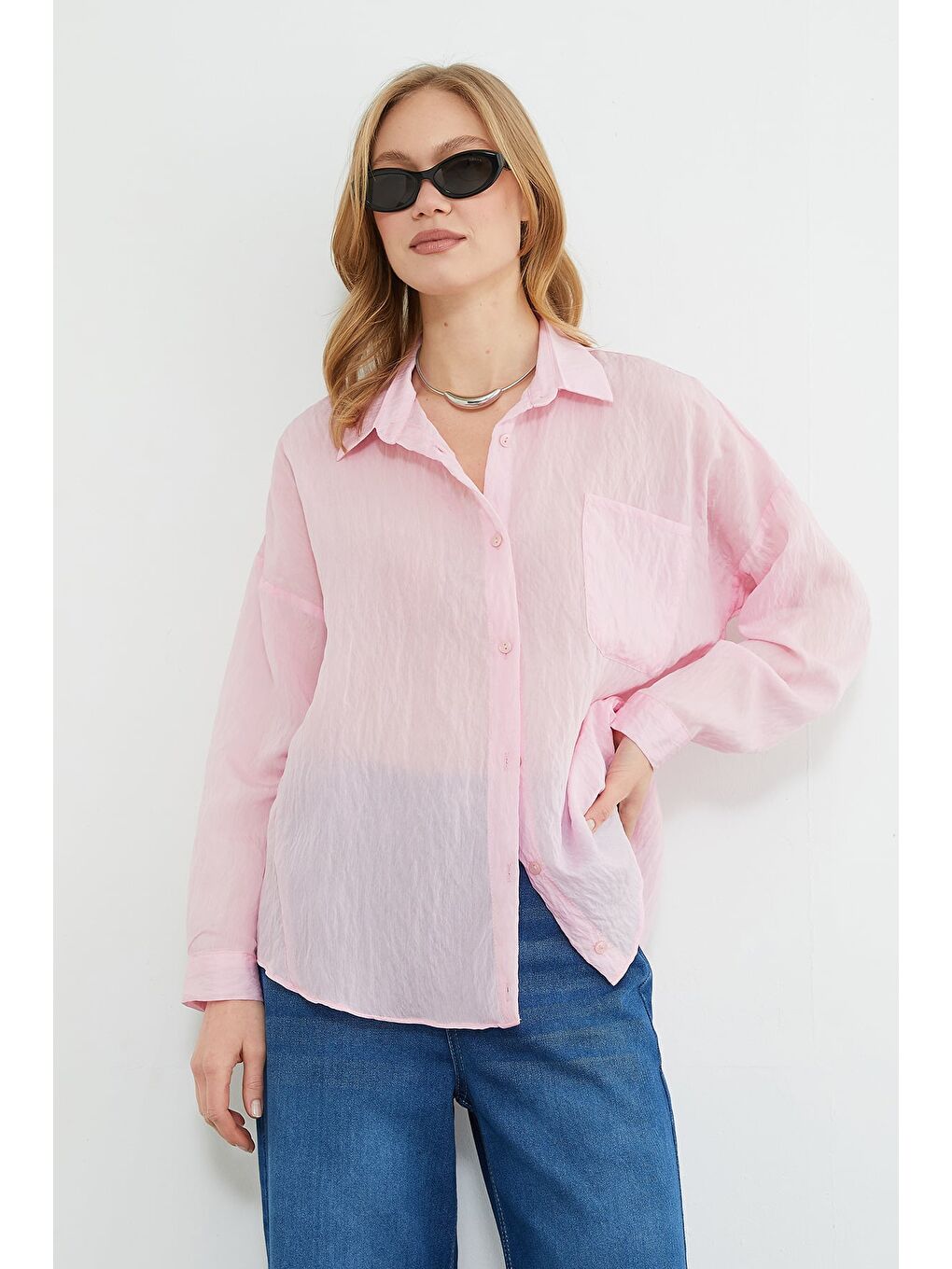 Pembe Tek Cepli Çapraz Düğmeli Oversize Gömlek-1