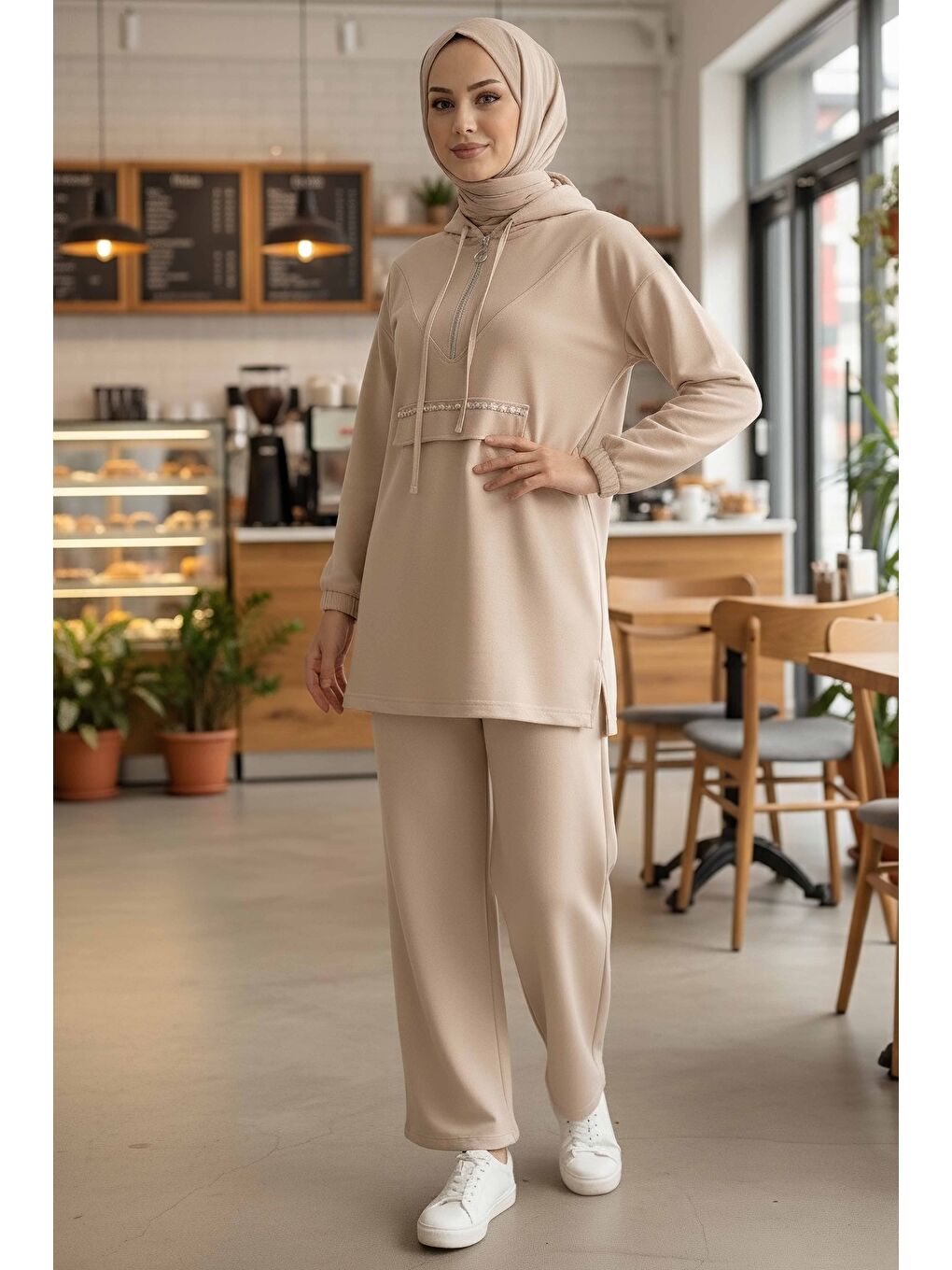 Ekru Taş Detaylı Bileği Lastikli Modal İkili Takım Krem - 1001-KREM-1