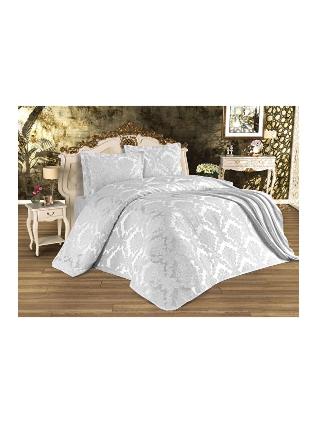 Busem Jakarlı Şönil Yatak Örtüsü Gri-1