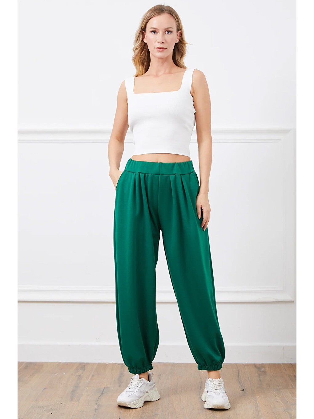 Yeşil Beli Lastikli Modal Şalvar Pantolon-1
