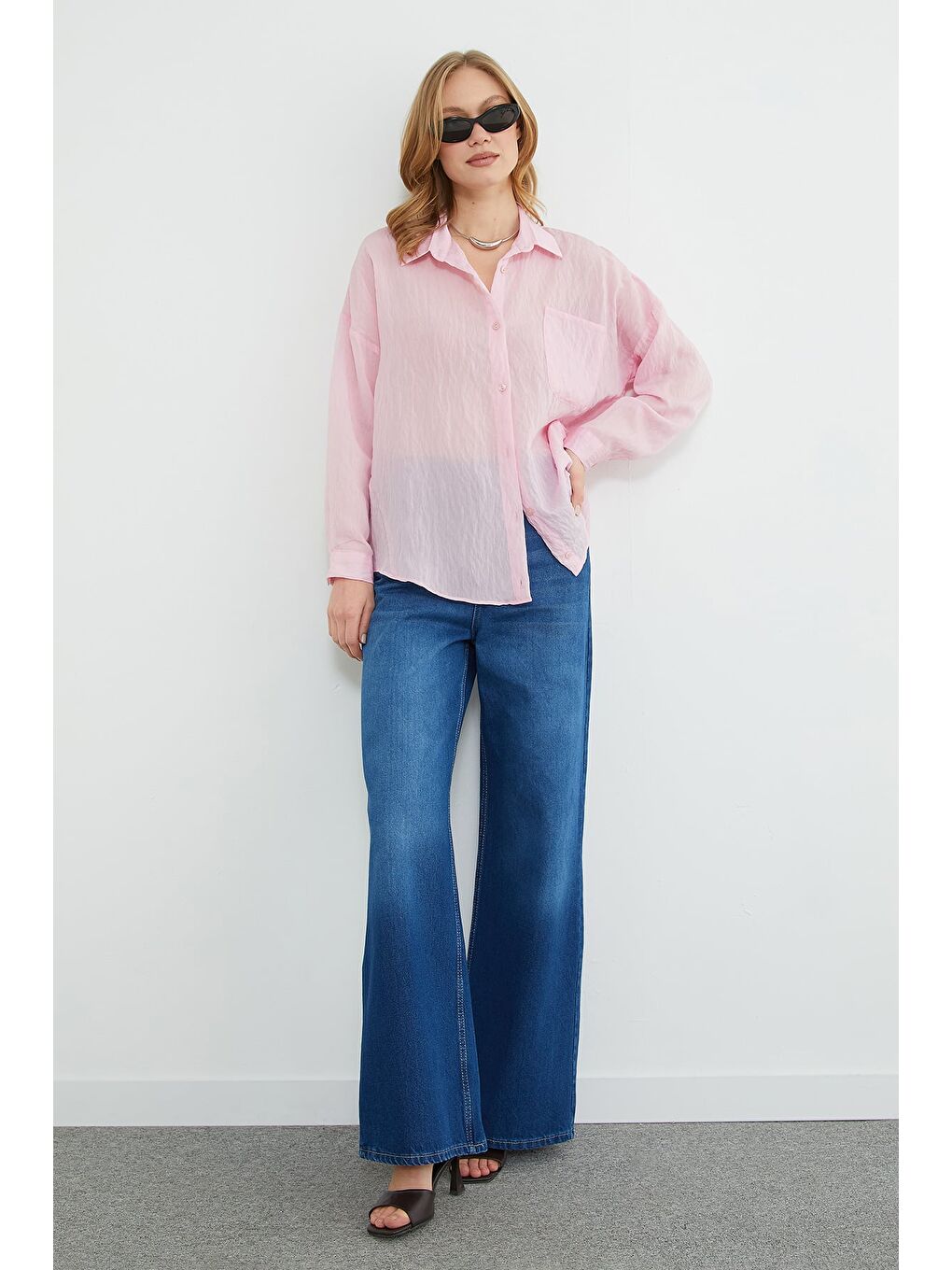 Pembe Tek Cepli Çapraz Düğmeli Oversize Gömlek-2
