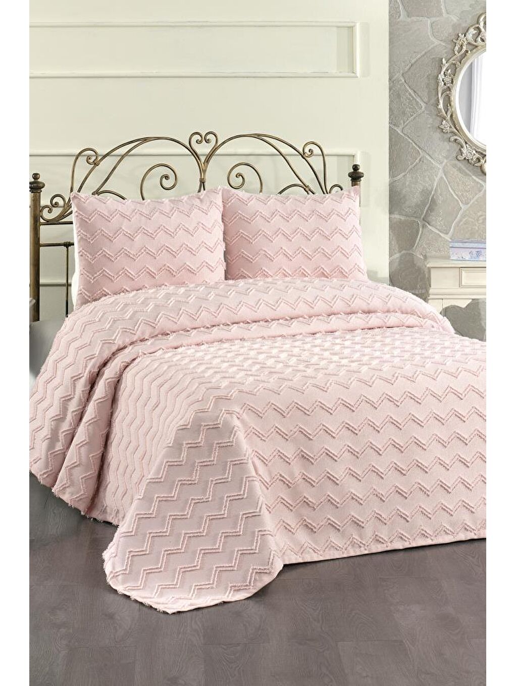 Pembe Lumpa 3 Parça Çift Kişilik Pike Takımı Pudra