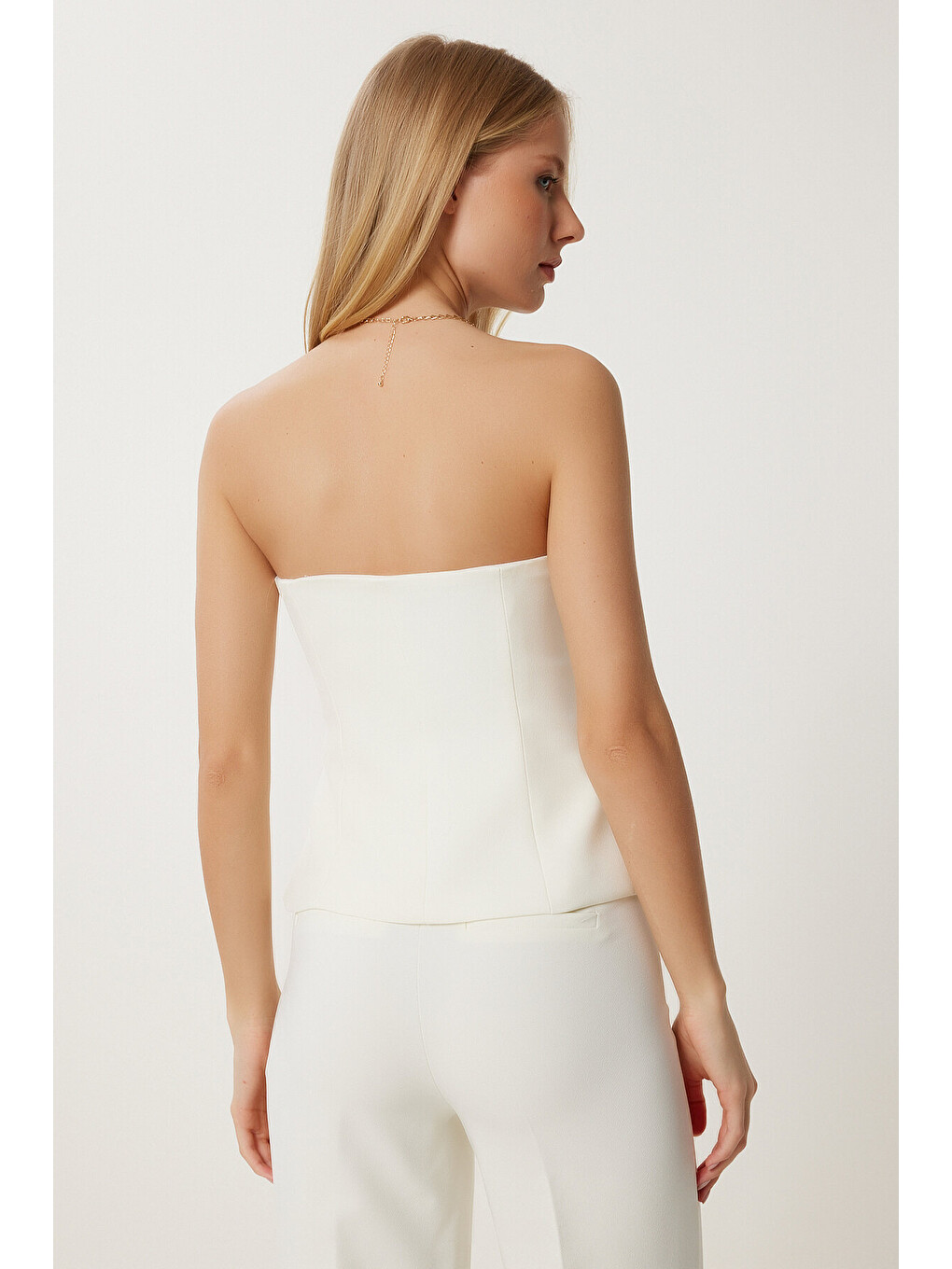 Beyaz Straplez Dokuma Bluz Pantolon Takım KEMİK LFK0010-4