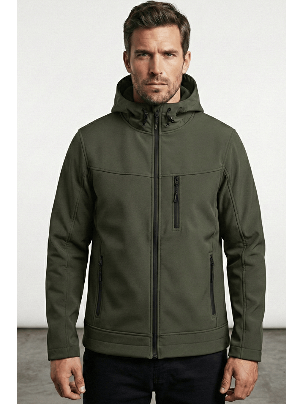 Haki Erkek Mont İçi Polarlı Softshell Mont Su ve Rüzgar Geçirmez Kapüşonlu Spor Mont