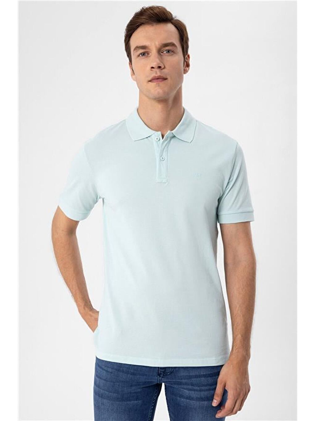 Turkuaz Su Yeşili Slim Armürlü Polo Yaka Tişört-2