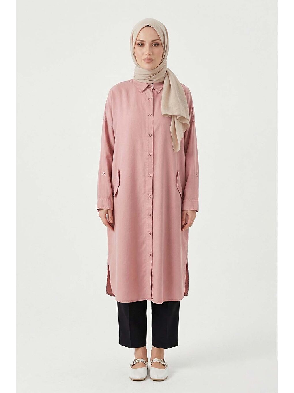 Lyocell Gömlek Uzun Tunik 7509 Pembe