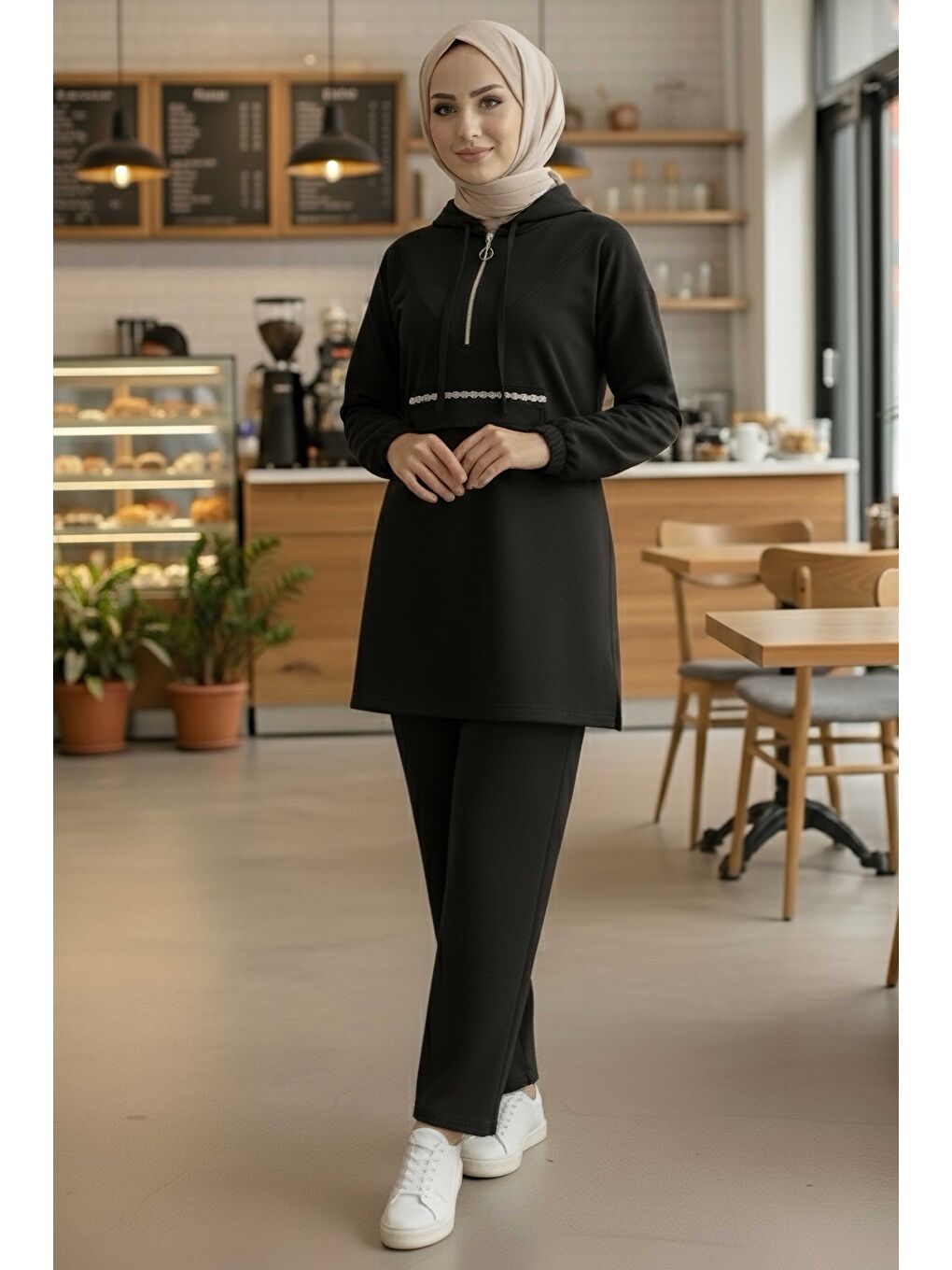 Taş Detaylı Bileği Lastikli Modal İkili Takım Siyah - 1001-SIYAH-1