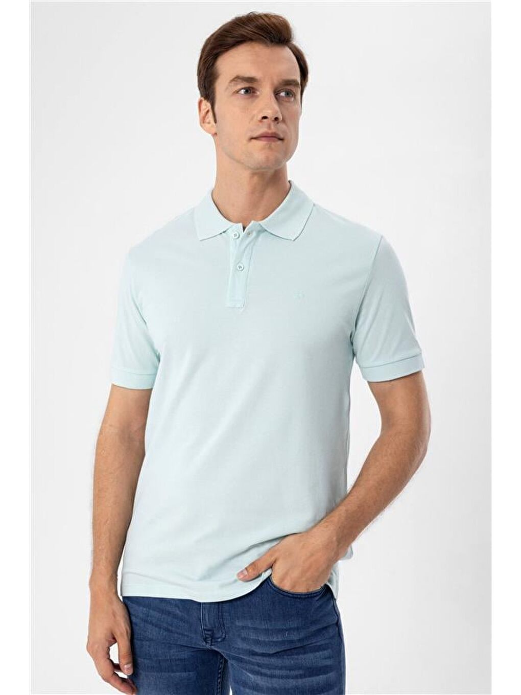 Turkuaz Su Yeşili Slim Armürlü Polo Yaka Tişört-3