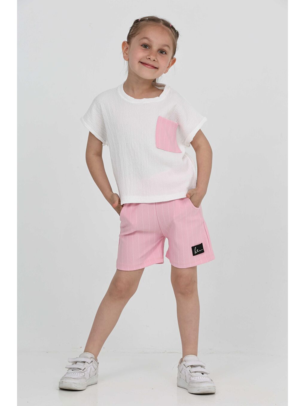 Kız Çocuk Pembe Tek Cepli Şort Takım - 27227