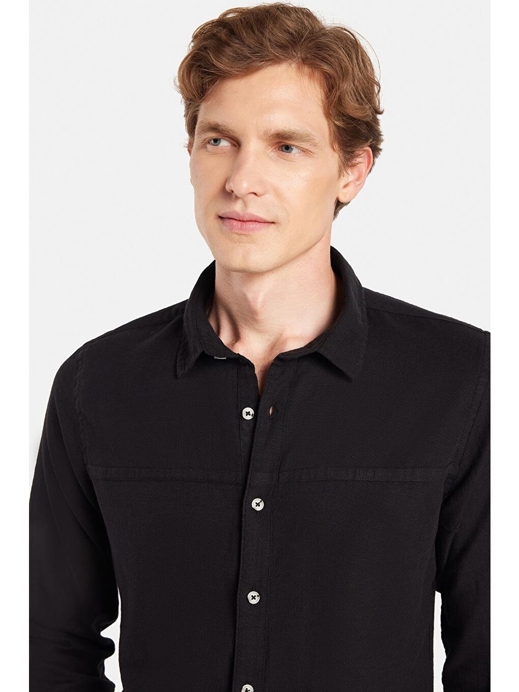 Erkek Slim Fit Dar Kesim Uzun Kollu %100 Pamuk Keten Doku Siyah Gömlek-1